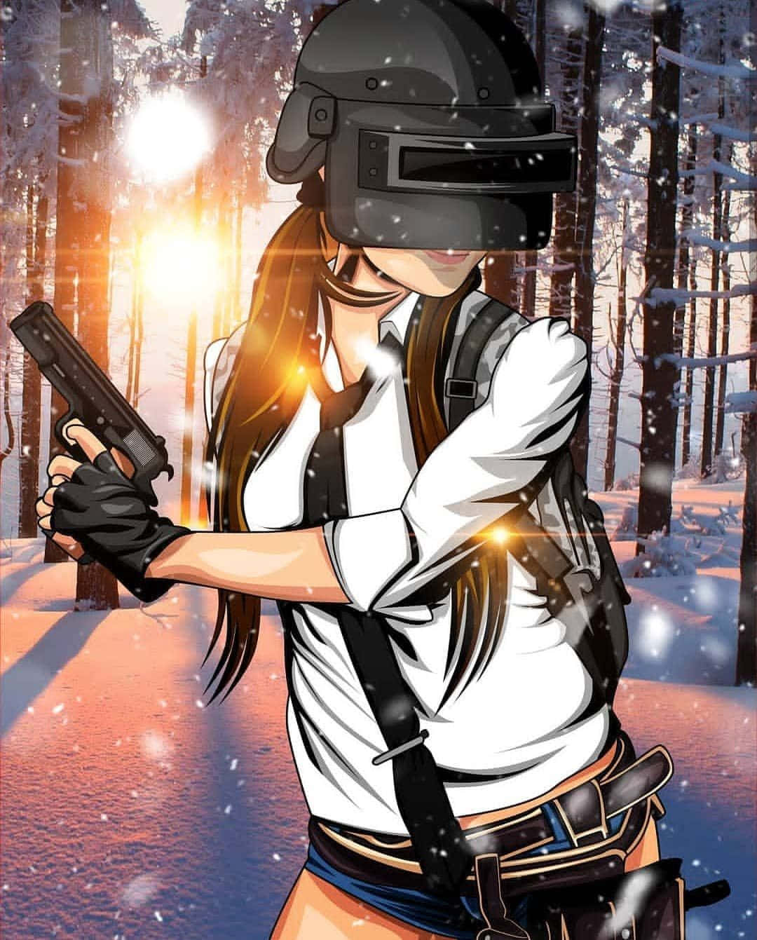 PUBG 新狀態 頭盔女粉絲藝術 壁紙 — 一位戴著頭盔和手套的女性玩家在日落時分的雪地森林中手持手槍，伴隨著發光的粒子。