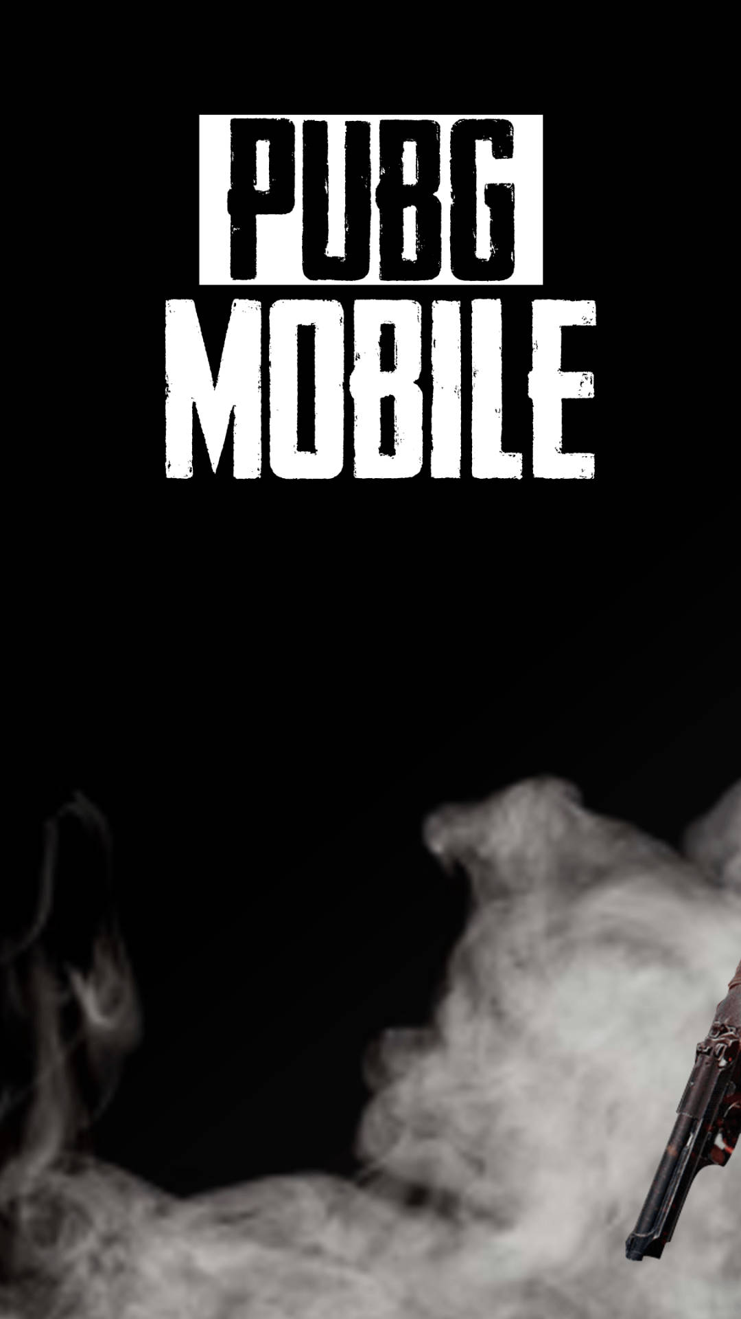 PUBG 移動黑色背景 壁紙 — PUBG Mobile 標誌以粗體白色文字顯示在黑色背景上，部分可見煙霧和手槍。