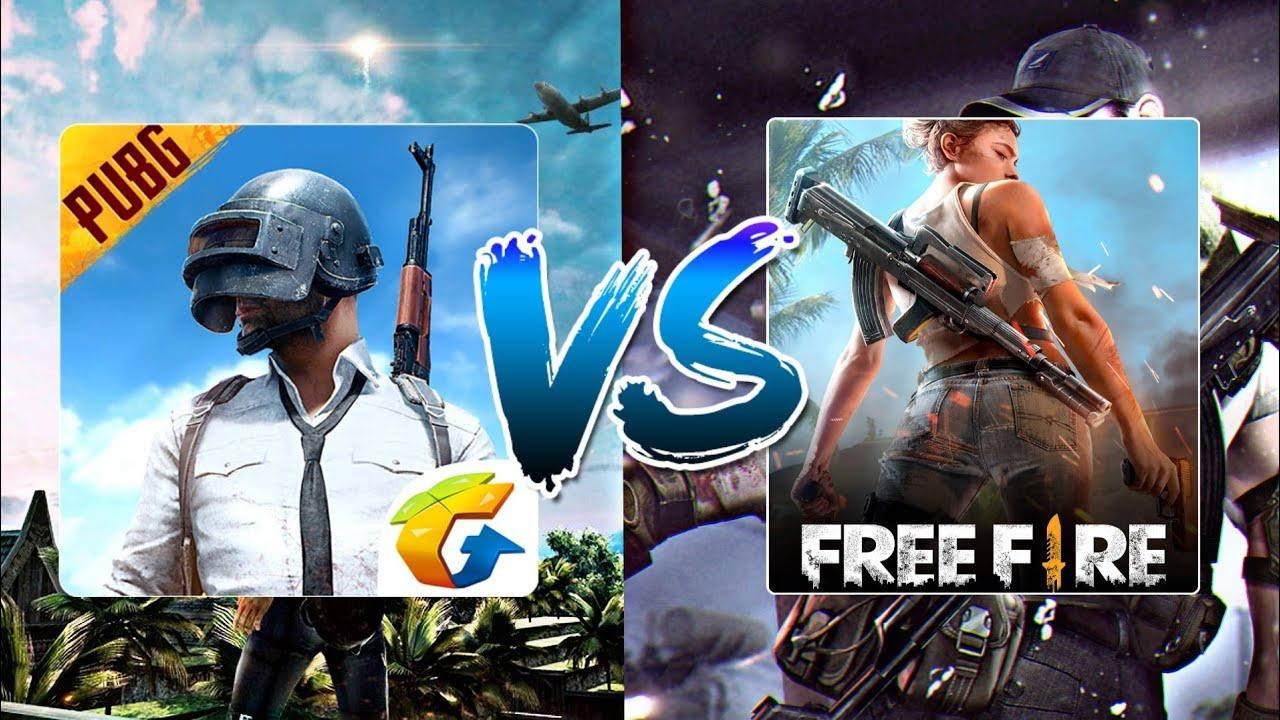 PUBG 桌布 壁紙 — PUBG 與 Free Fire 玩家之間的 split-screen 戰鬥，士兵在熱帶和星空背景下手持步槍。