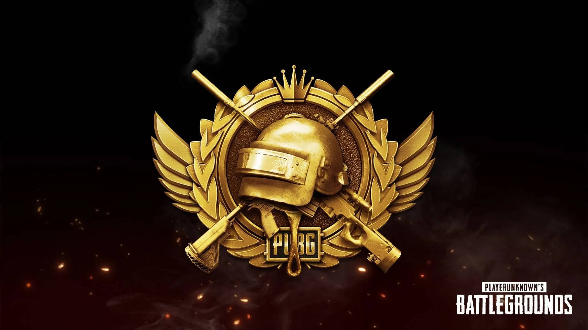 PUBG 角色 4K 大師級 壁紙 — 金色PUBG標誌，帶有頭盔和交叉的槍支，在黑暗煙霧背景中閃爍火花。