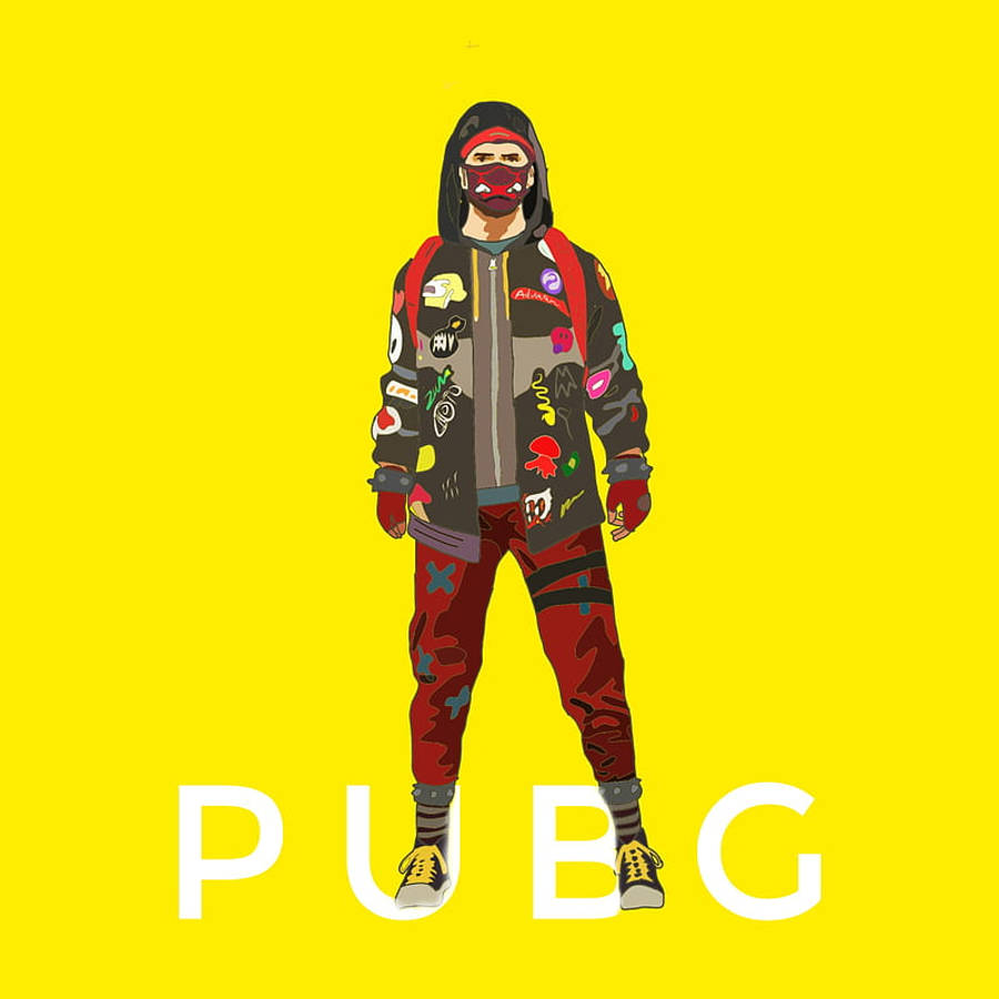 PUBG 角色 4K 手機高清畫面 壁紙 — 一個穿著連帽衫和面具的風格化玩家站在明亮的黃色背景前，下方有「PUBG」文字。