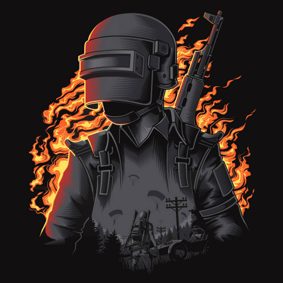PUBG 角色 4K 火焰暗黑 壁紙 — 一名戴著頭盔和戰術裝備的士兵，在黑暗背景和下方廢墟景觀的襯托下，被熊熊的橙色火焰吞沒。