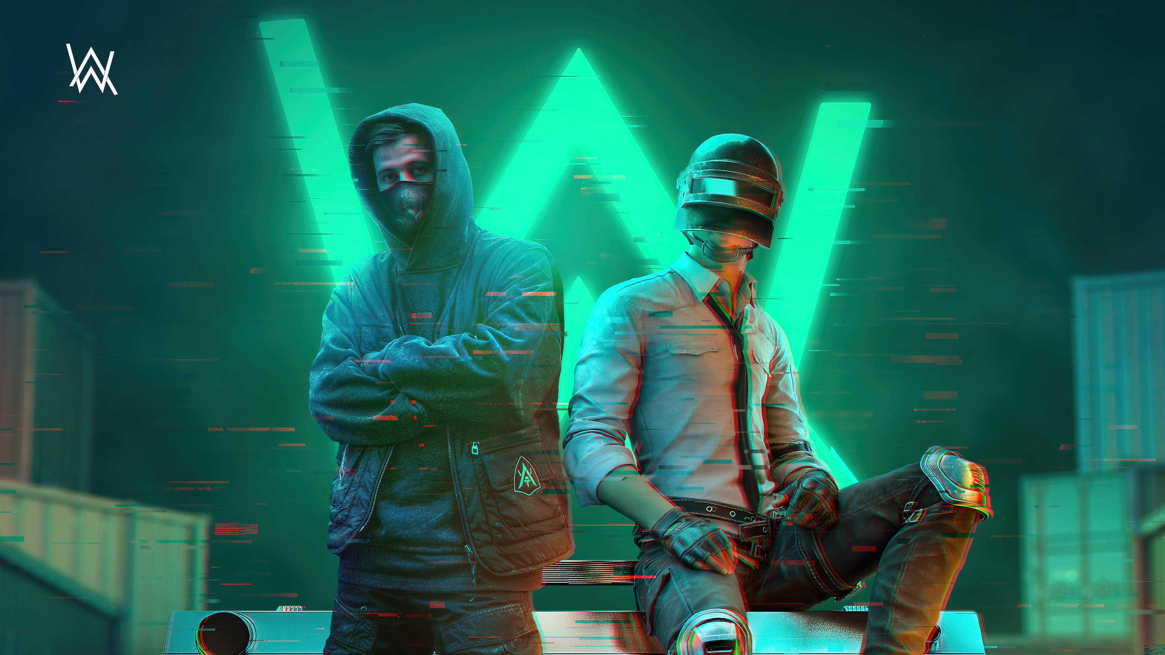 PUBG 角色 4K 綠色霓虹燈 壁紙 — 兩名穿著連帽衫和頭盔的遊戲玩家在閃爍的綠色霓虹燈「W」標誌下自信地擺姿勢，背景是帶有故障效果的數位競技場。