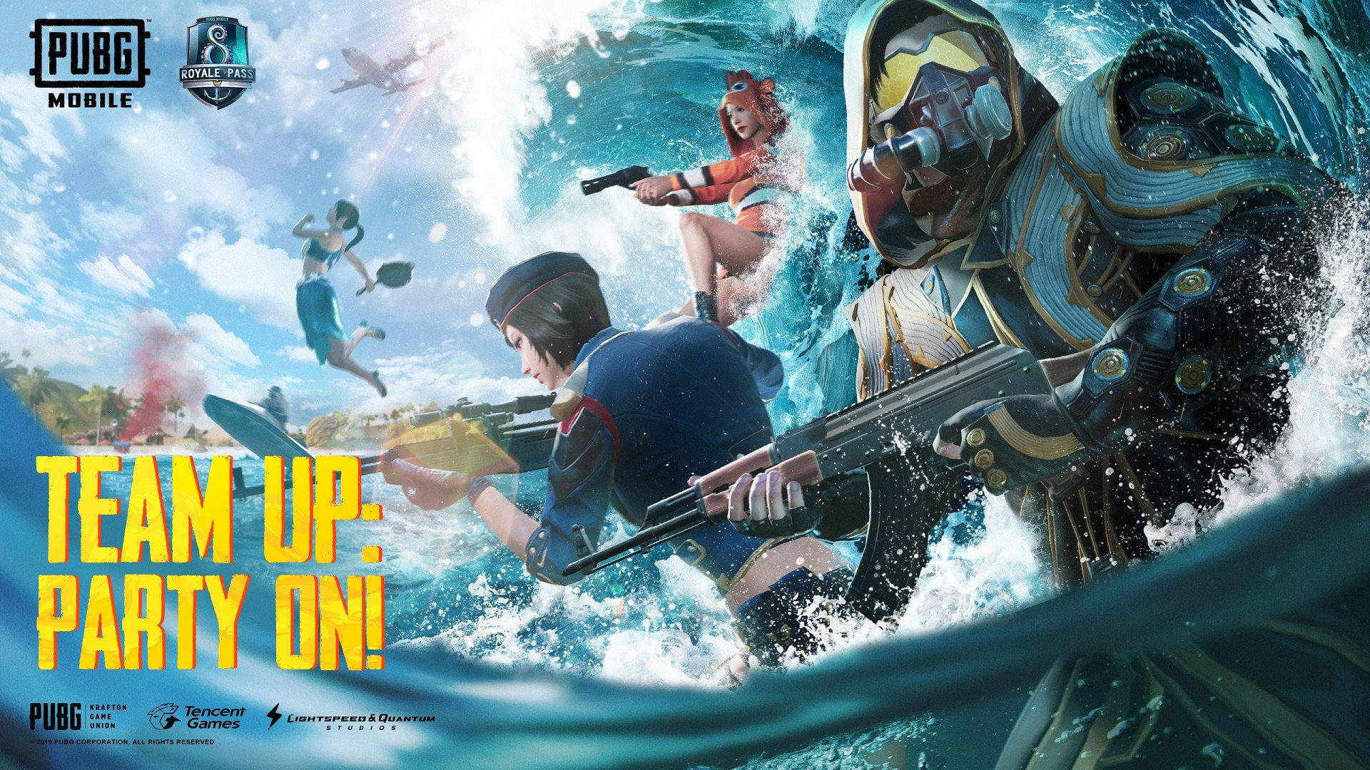 在 PUBG Mobile 活動期間，遊戲角色在海浪中持槍。