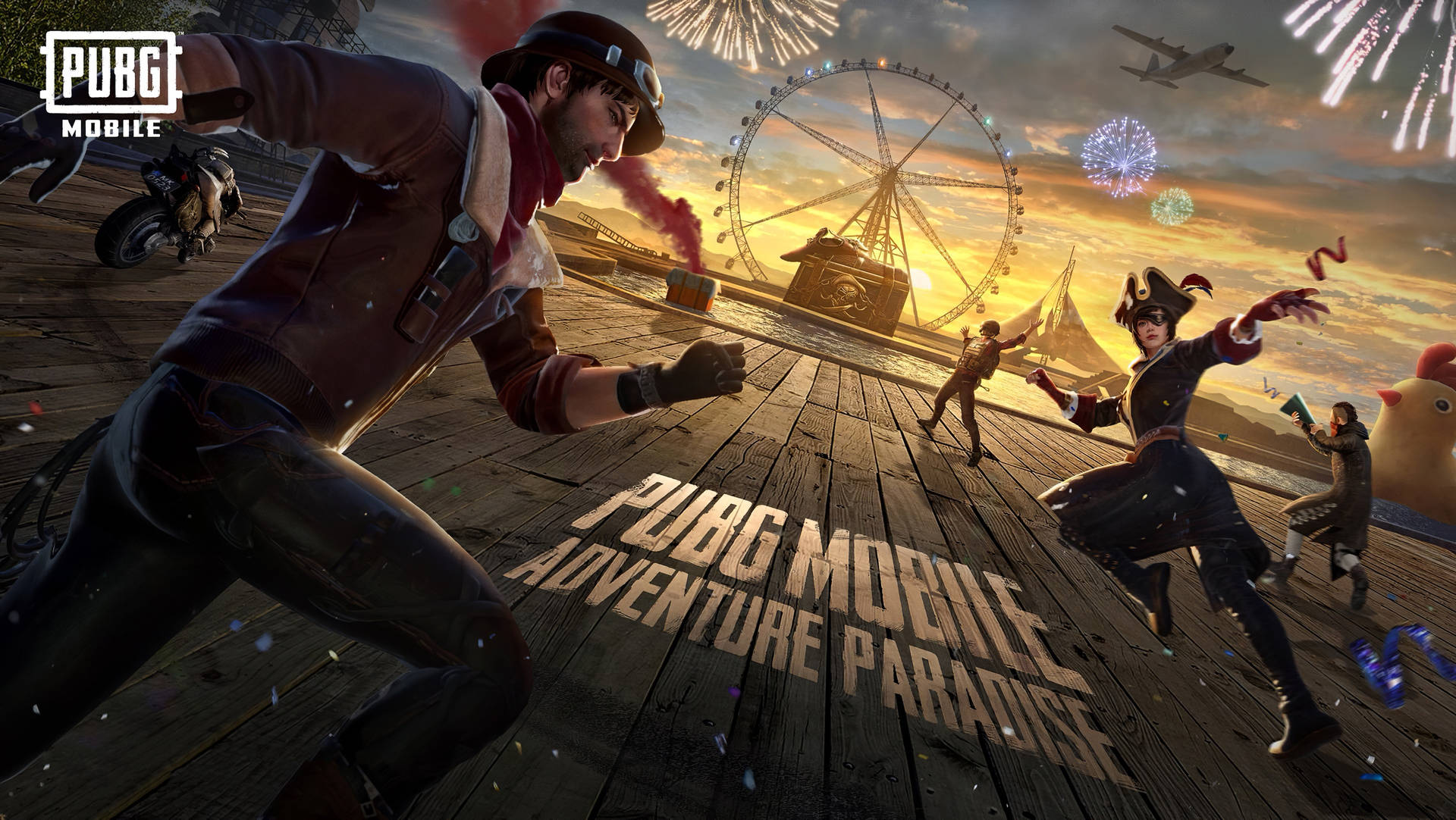 PUBG Mobile 角色在煙花慶祝期間在碼頭上奔跑。