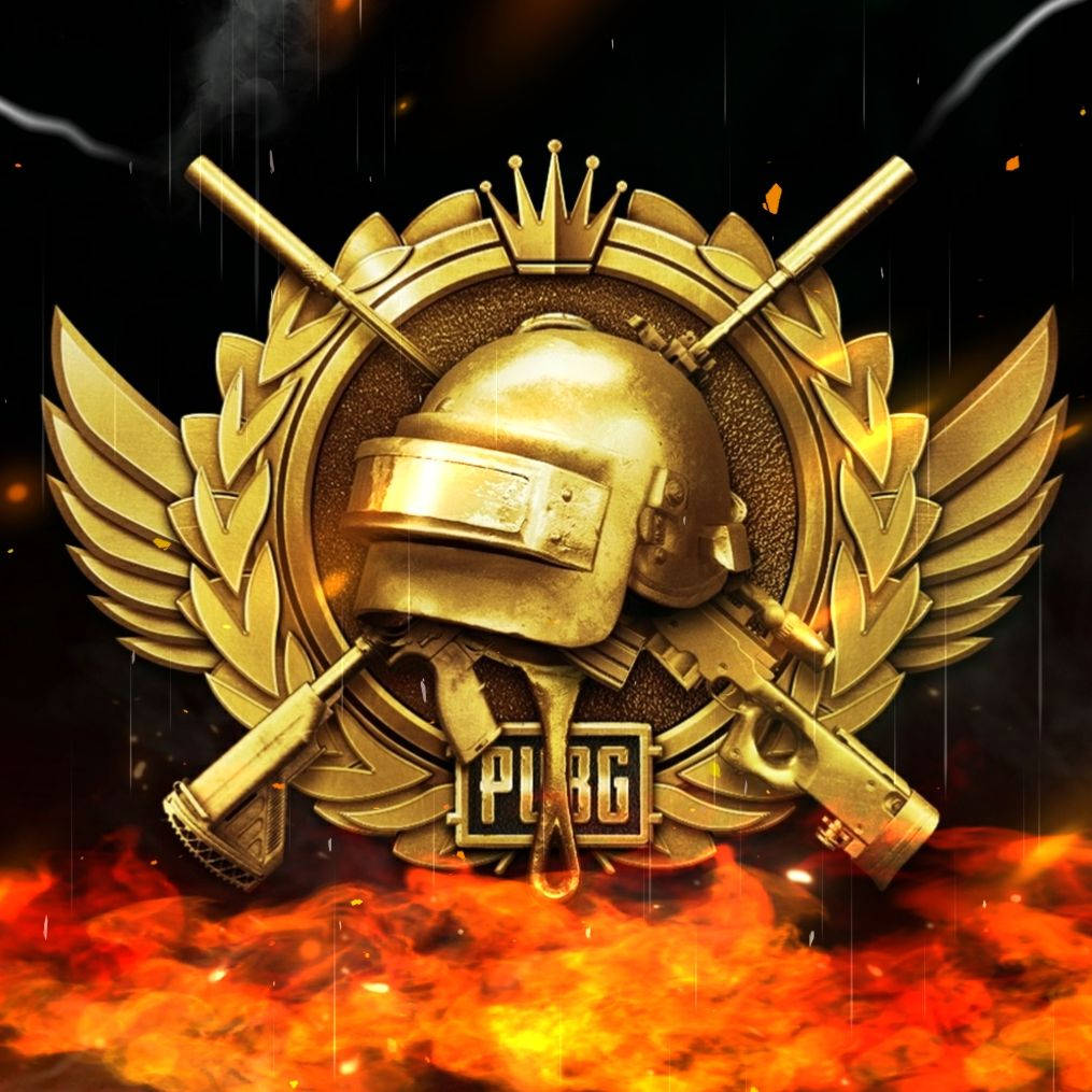 金色PUBG遊戲標誌，頭盔和槍支在火焰上方。