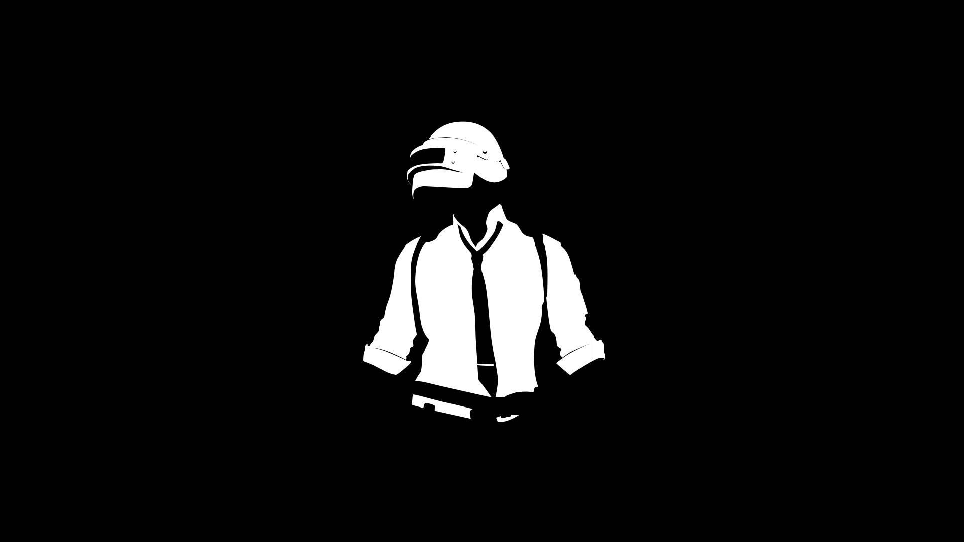 PUBG 黑色剪影 壁紙 — 一個戴著頭盔和領帶的人物，其鮮明的白色剪影在純黑色背景中央站立。