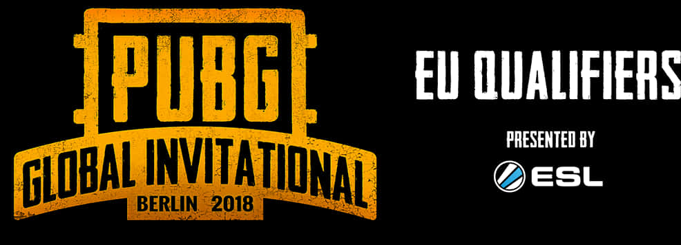 PUBG全球邀請賽柏林2018標誌 壁紙 — 黑色背景上粗體黃色和白色文字宣佈由 ESL 呈獻的 PUBG Global Invitational Berlin 2018 EU Qualifiers。