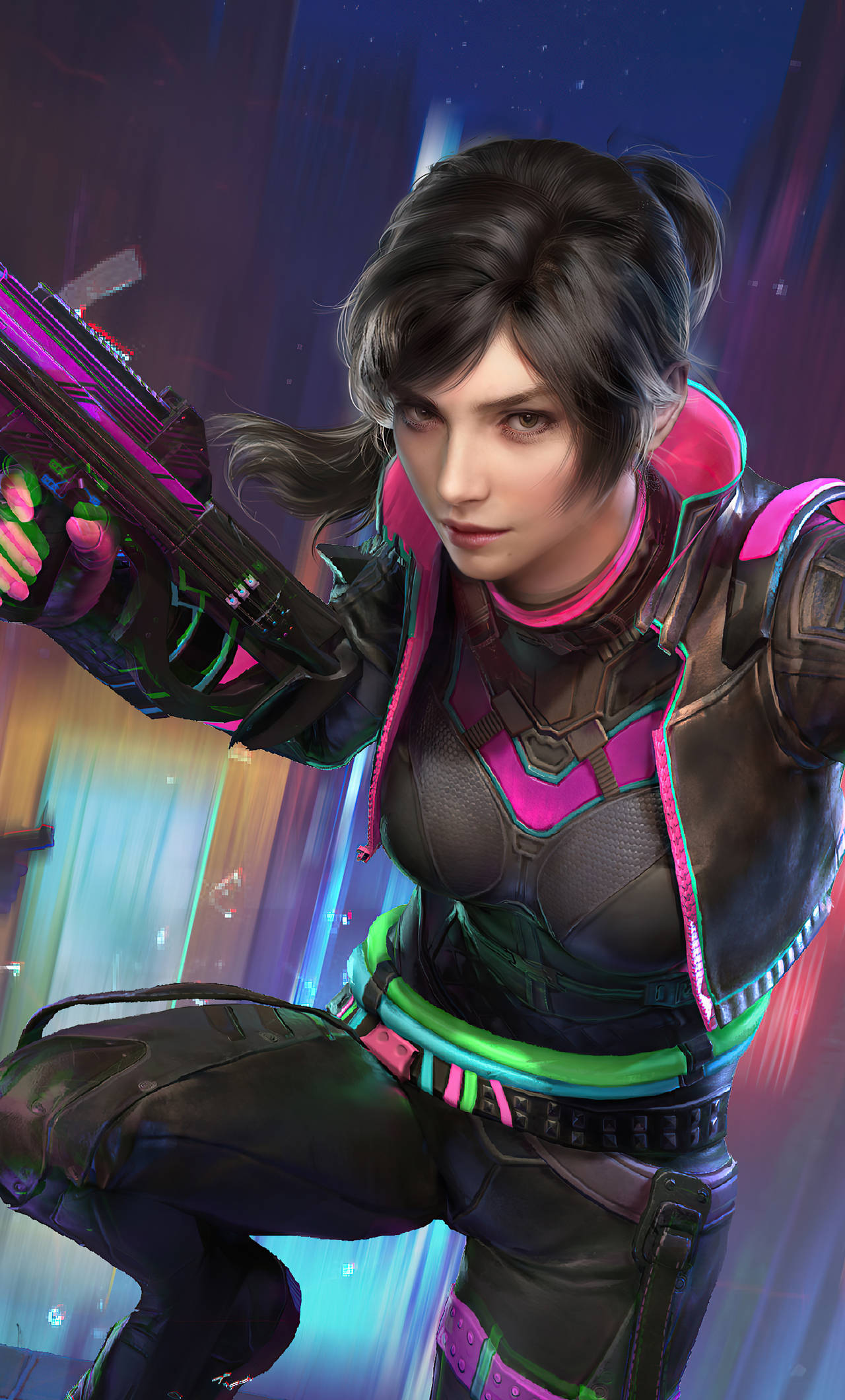 PUBG粉紅女孩4K 壁紙 — 一位身穿霓虹裝備的賽博龐克女性戰士，正瞄準發光武器，背景是充滿活力的未來風格。
