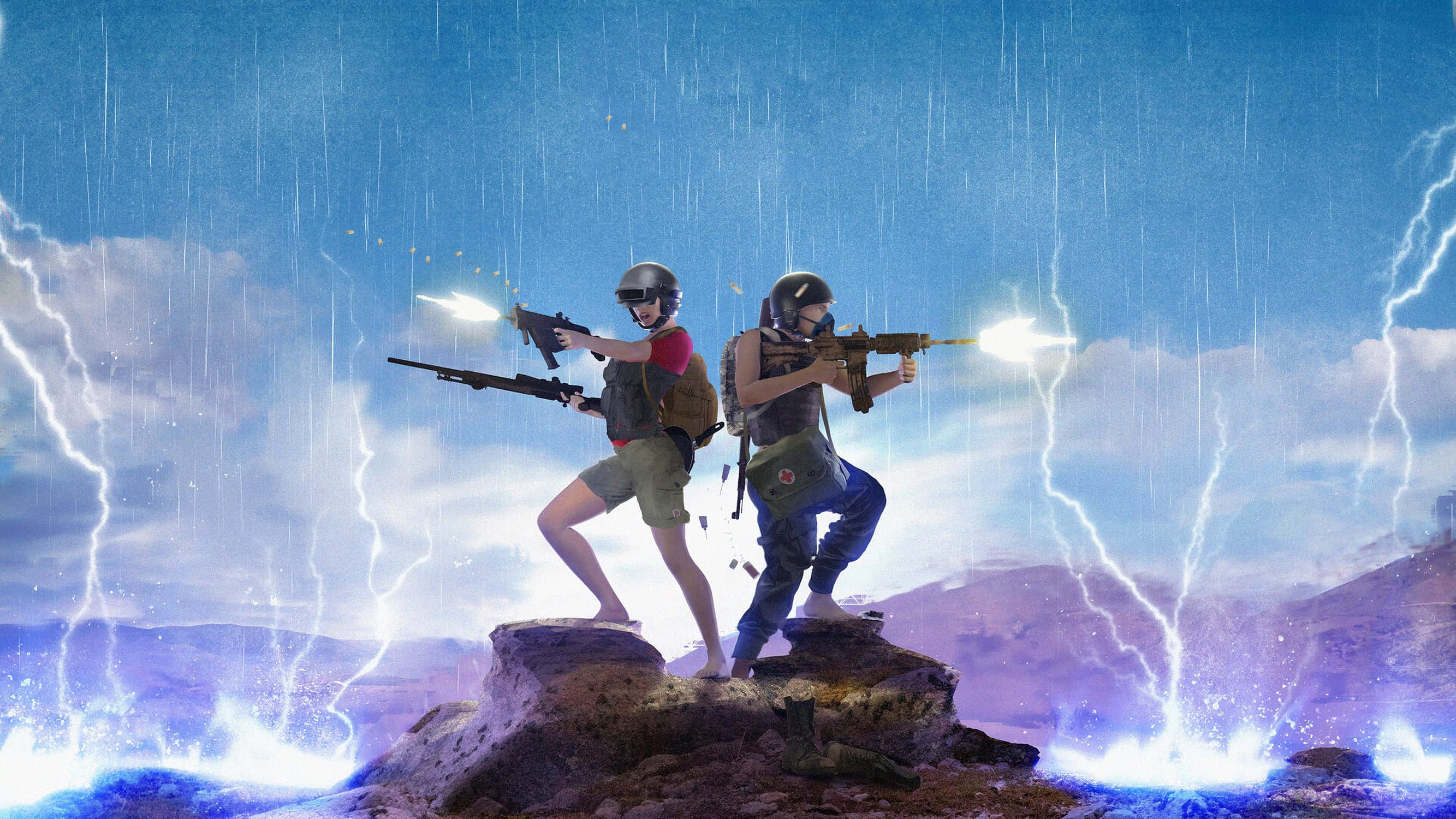PUBG女孩與夥伴在海中 壁紙 — 兩名士兵在雷電交加、風雨交加的暴風雨天空下，於岩石露頂上開火。
