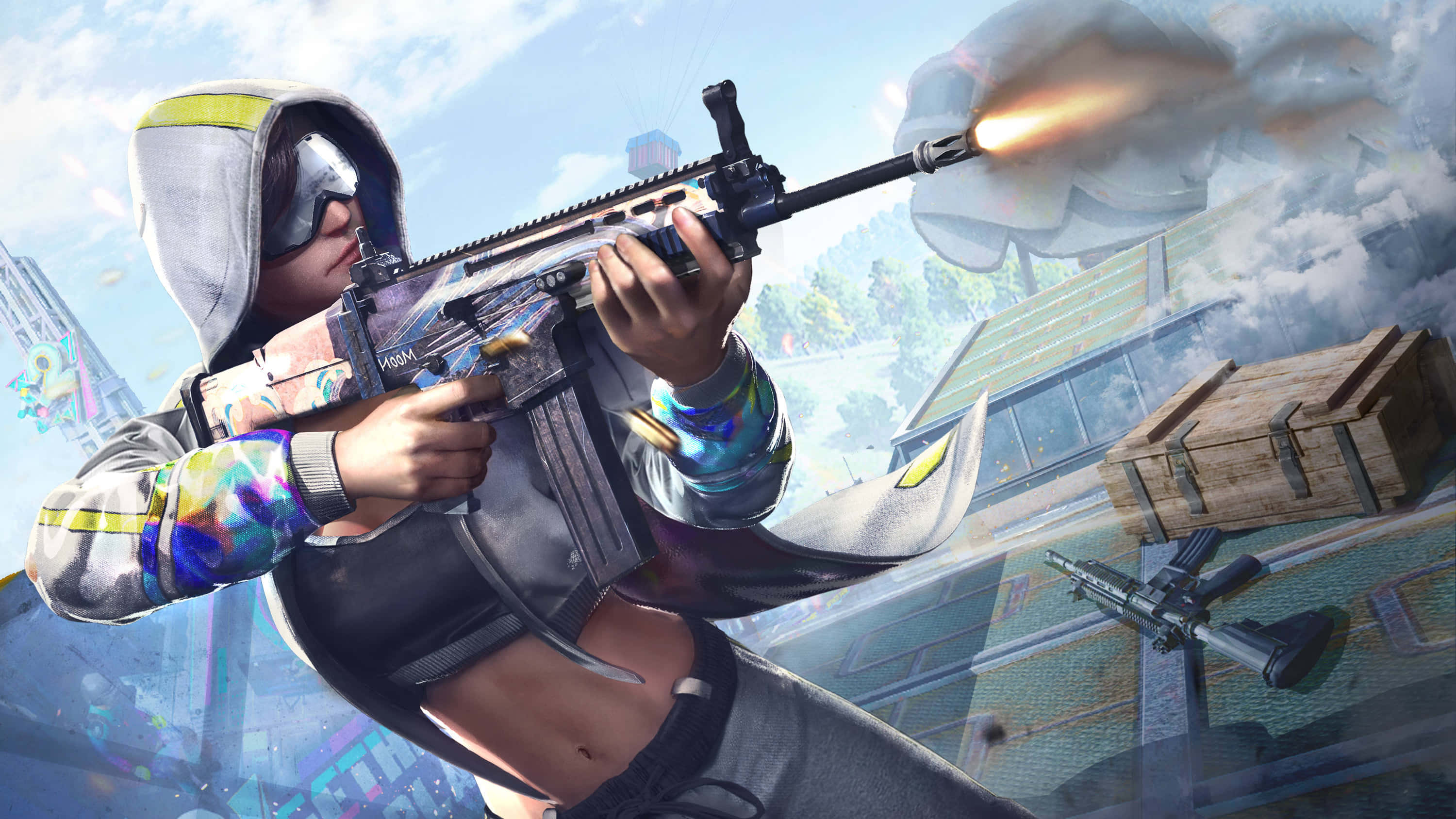 PUBG女孩開火散彈槍 壁紙 — 一名穿著連帽衫的玩家在充滿煙霧和漂浮武器的城市混亂中發射發光的步槍。
