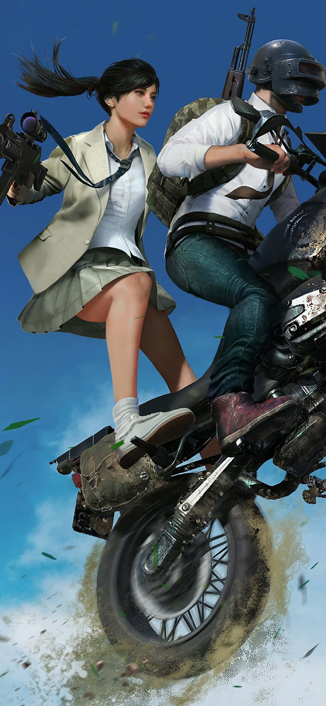PUBG女孩騎摩托車 壁紙 — 兩名武裝玩家在晴朗藍天下騎著高速電單車穿過塵土飛揚的田野。