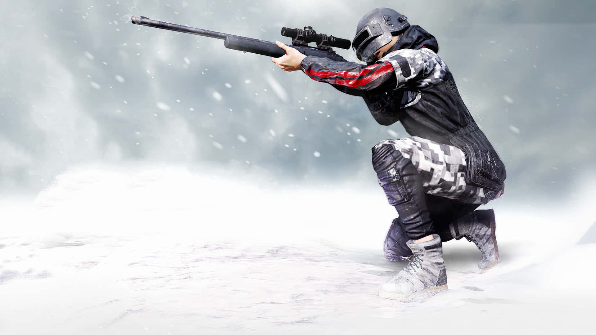 身穿冬季迷彩的士兵蹲在雪中發射狙擊步槍。