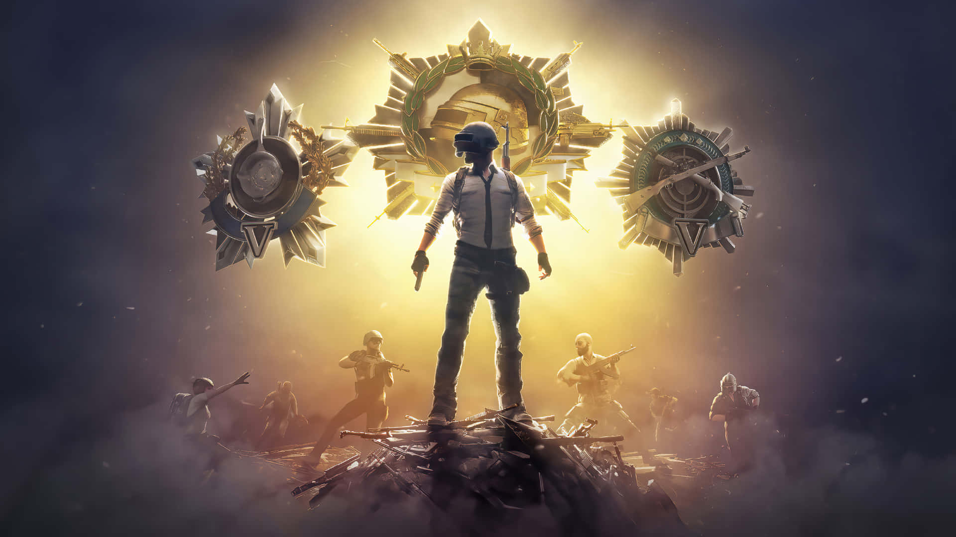 戴著VR頭盔的士兵站在瓦礫上，下方是發光的獎章，戰士們在煙霧瀰漫的黑暗中戰鬥。