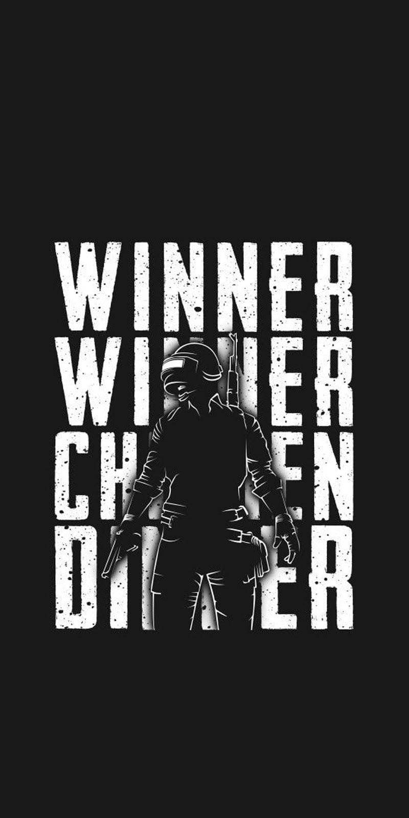 遊戲勝利圖形，帶有文字 winner winner chicken dinner 和武裝玩家剪影。