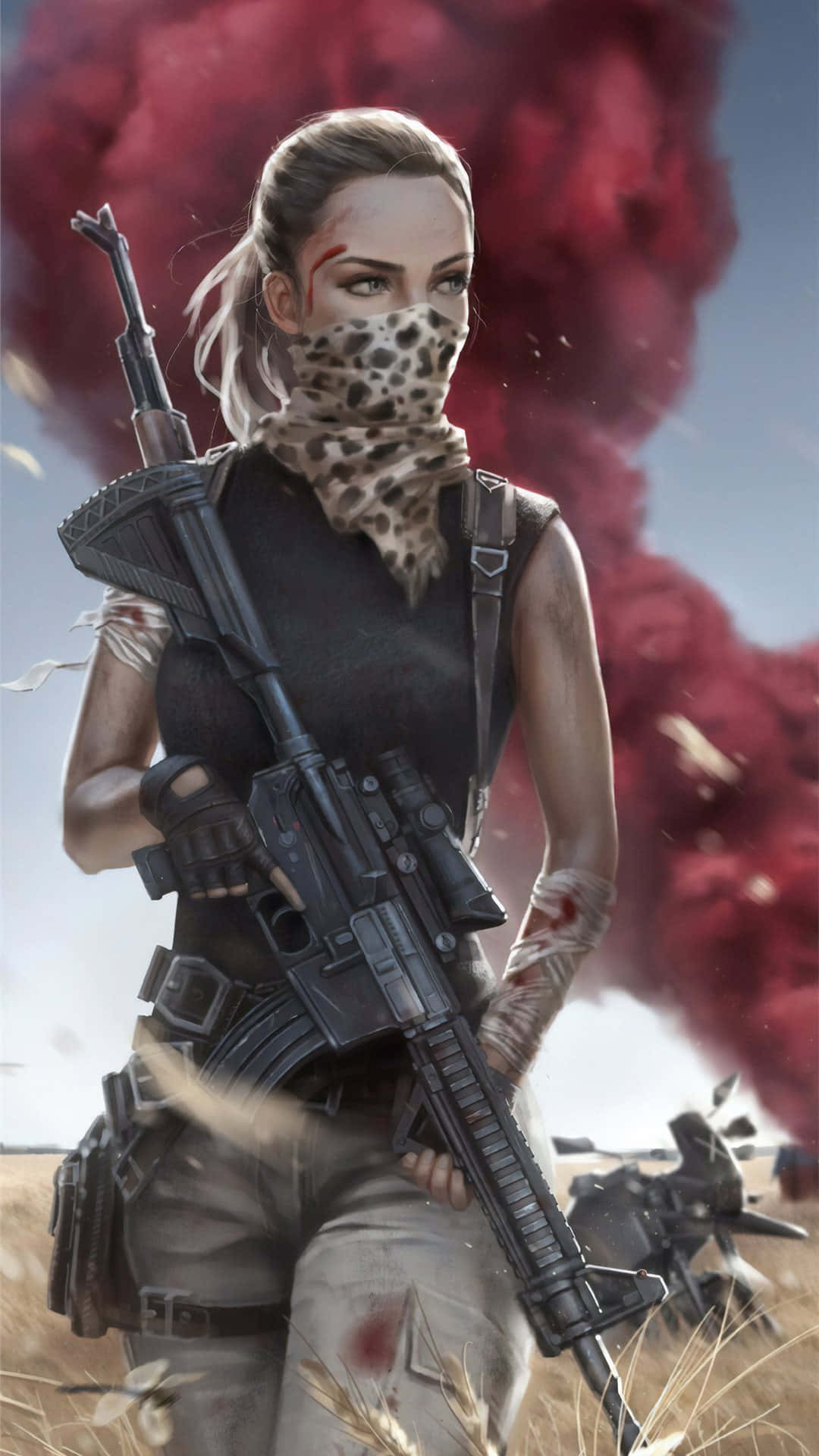 PUBG戰場上受傷的女孩 壁紙 — 一名兇猛的女兵，戴著豹紋圍巾，手持步槍，站在戰場爆炸中，紅煙彌漫。