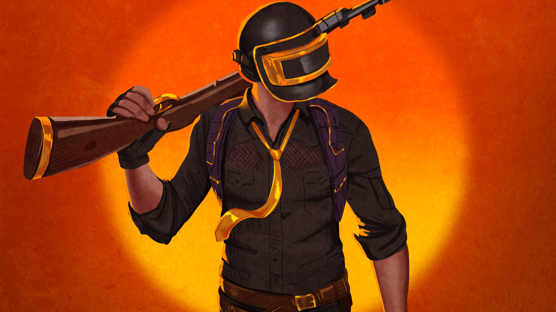 PUBG數位繪畫 壁紙 — 一個風格化的玩家，戴著黑色頭盔和金色飾邊裝備，在發光的橙色日落背景下扛著步槍。