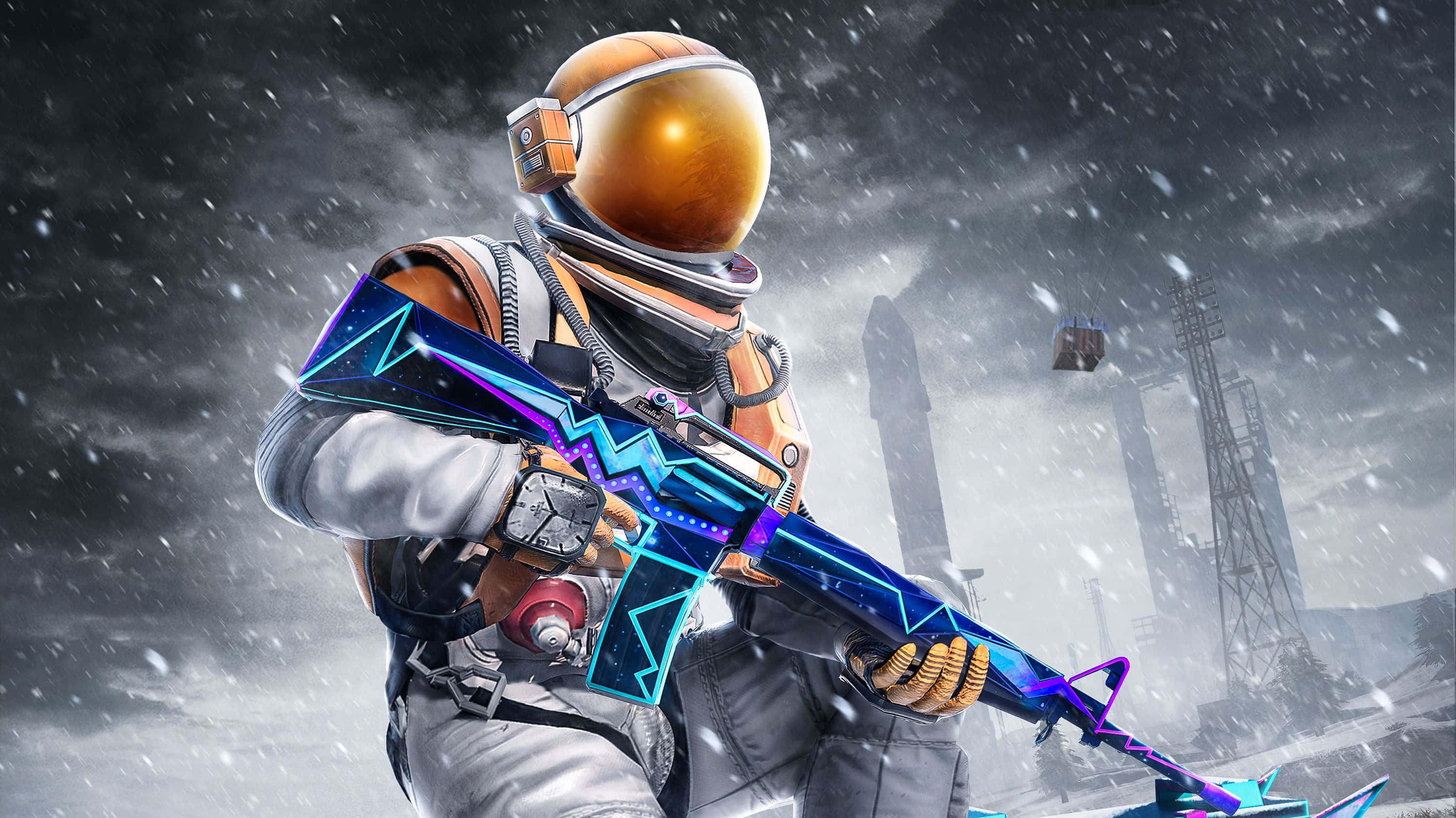PUBG新狀態冬季宇航員持槍 壁紙 — 一名戴著橙色頭盔的未來太空人在雪地廢墟城市景觀中揮舞著發光的藍紫色武器。