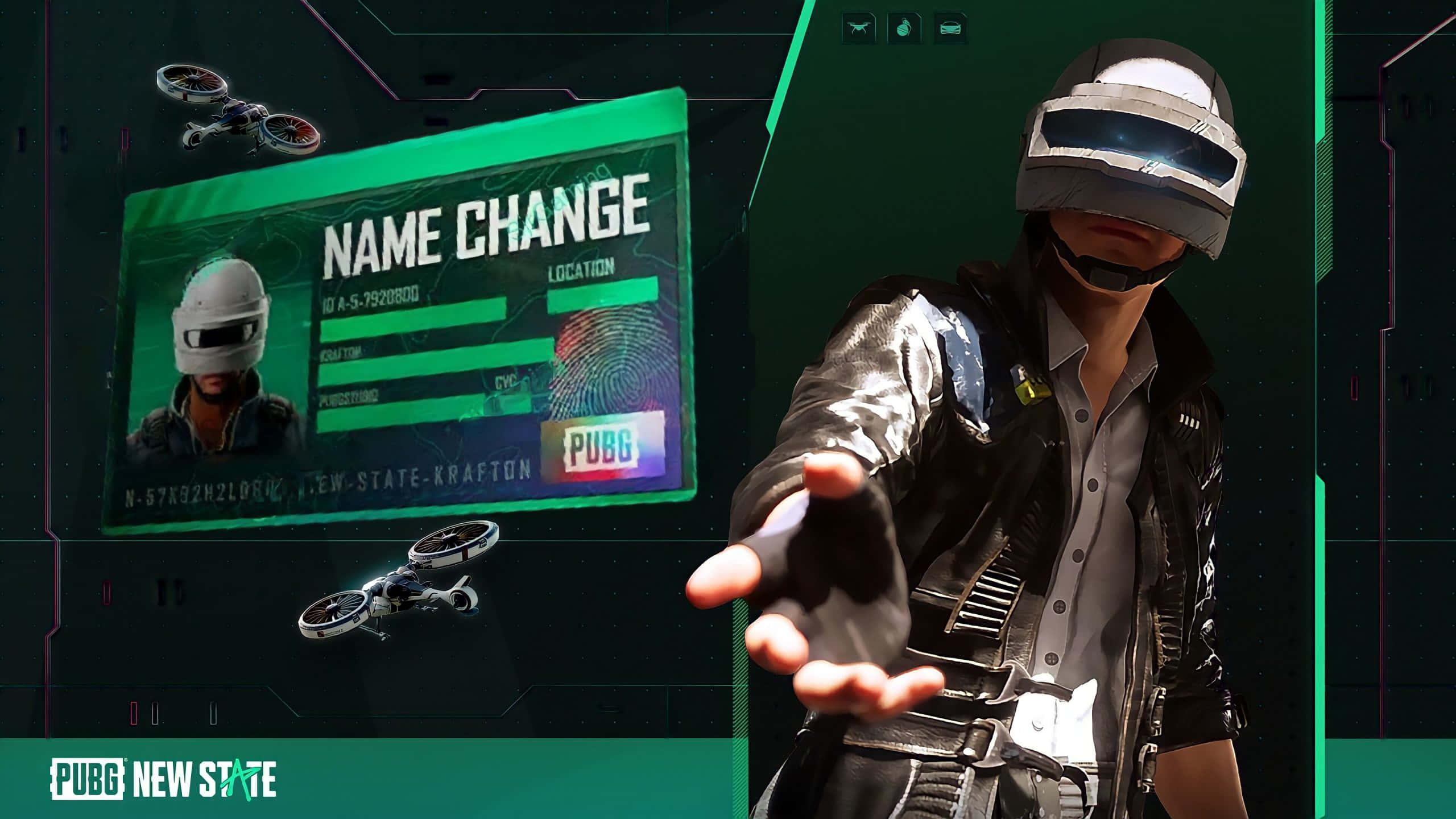 PUBG新狀態更名卡 壁紙 — 一名戴著頭盔的未來主義玩家在霓虹燈照亮的數位空間中，將手伸向一個發光的綠色改名介面。
