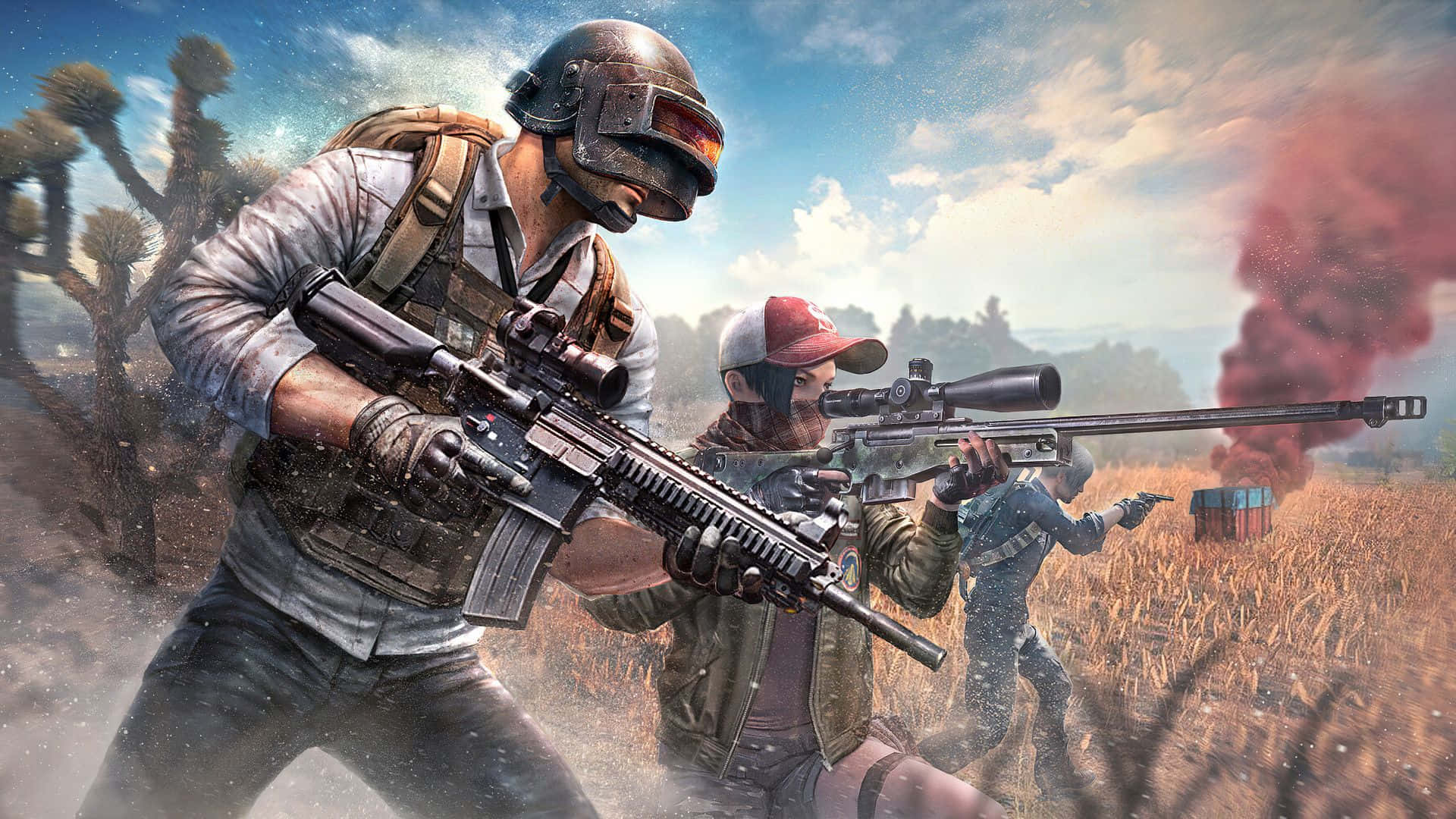 PUBG新狀態狙擊手戰利品箱 壁紙 — 兩名身穿戰術裝備的武裝玩家在沙漠戰場上前進，身後煙霧升騰。