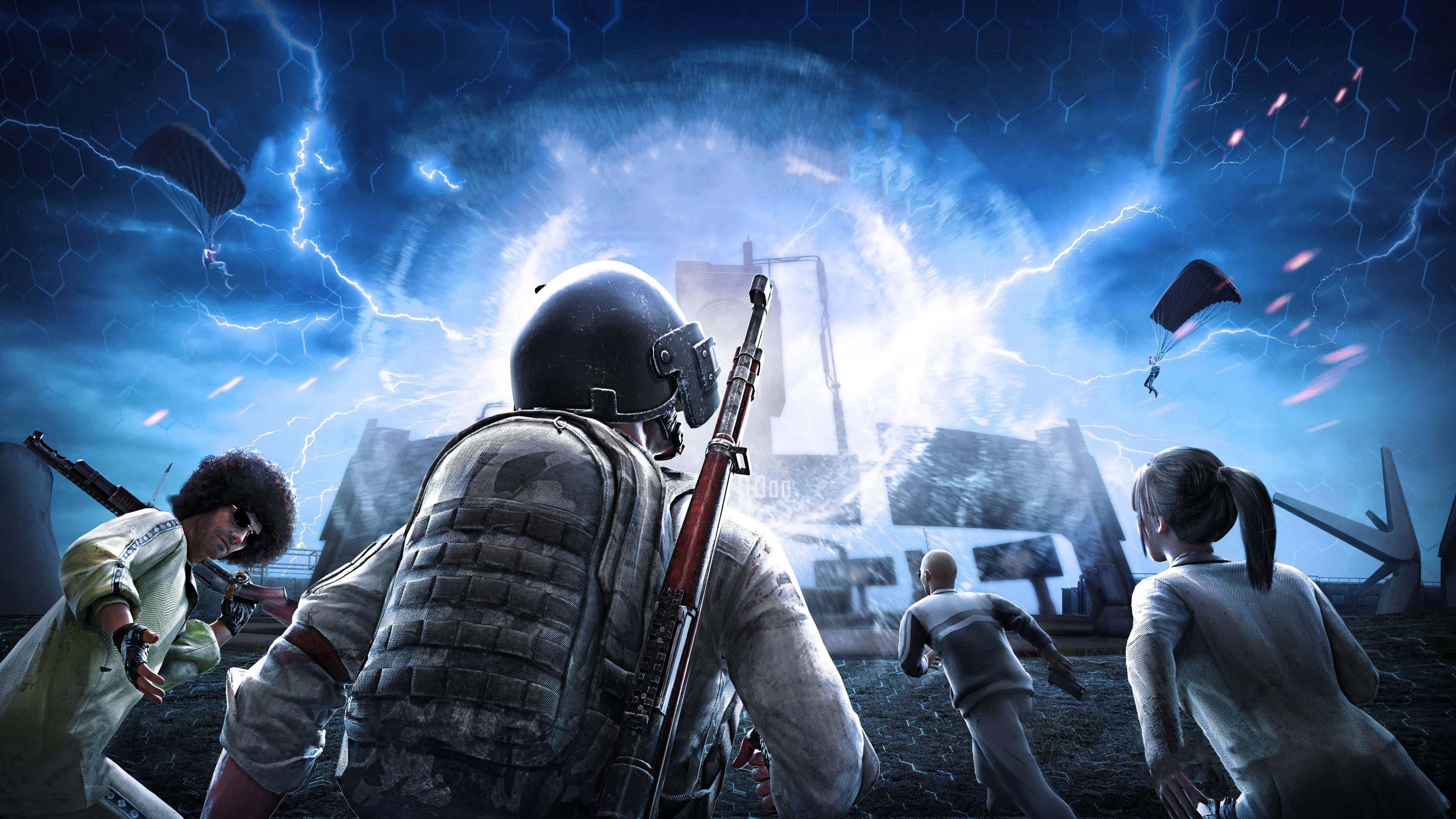 PUBG新狀態藍色傳送門戰鬥 壁紙 — 身穿戰術裝備的玩家在雷電交加、傘兵降落的暴風雨天空下，衝過廢墟戰場。