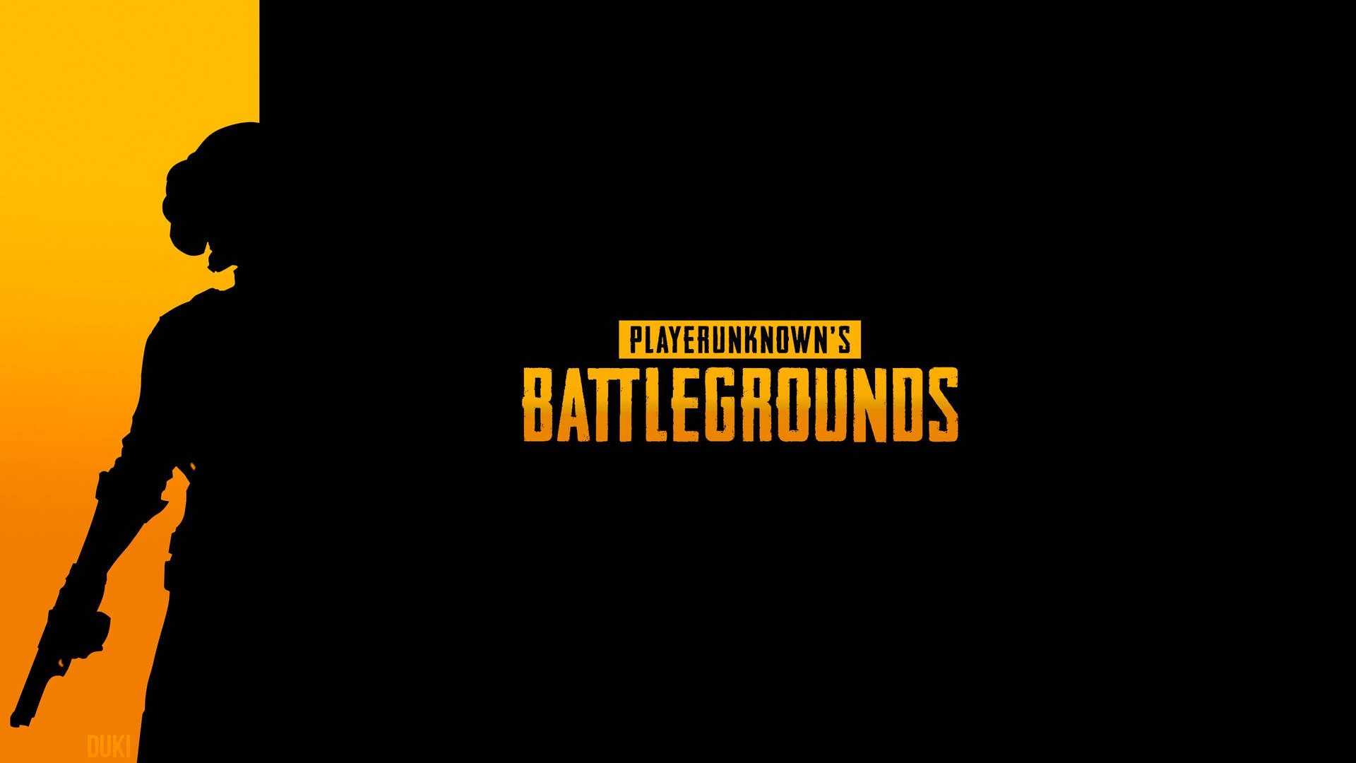 PUBG標誌，士兵剪影，橙色和黑色背景。