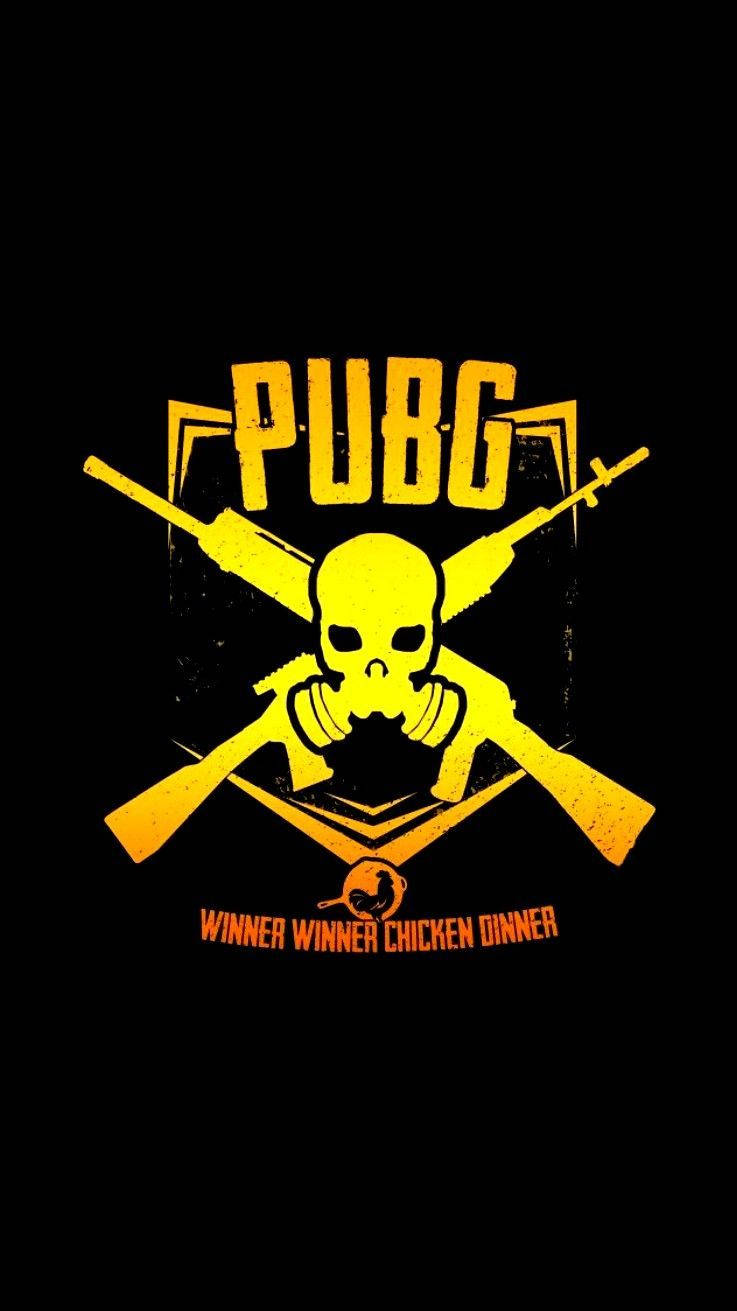 黑色背景上帶有骷髏頭和交叉步槍的PUBG遊戲標誌。