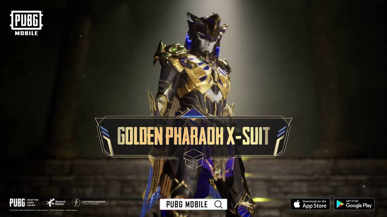 來自PUBG Mobile的Golden Pharaoh X-Suit角色，在黑暗競技場中聚光燈下。
