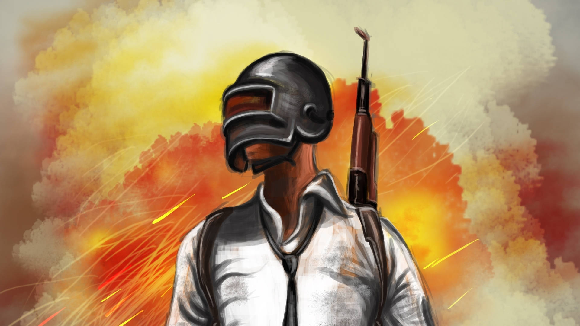 PUBG角色繪畫 壁紙 — 一名戴頭盔、穿白襯衫的士兵，肩上掛著步槍，站在熾熱的橙色和黃色爆炸背景前。