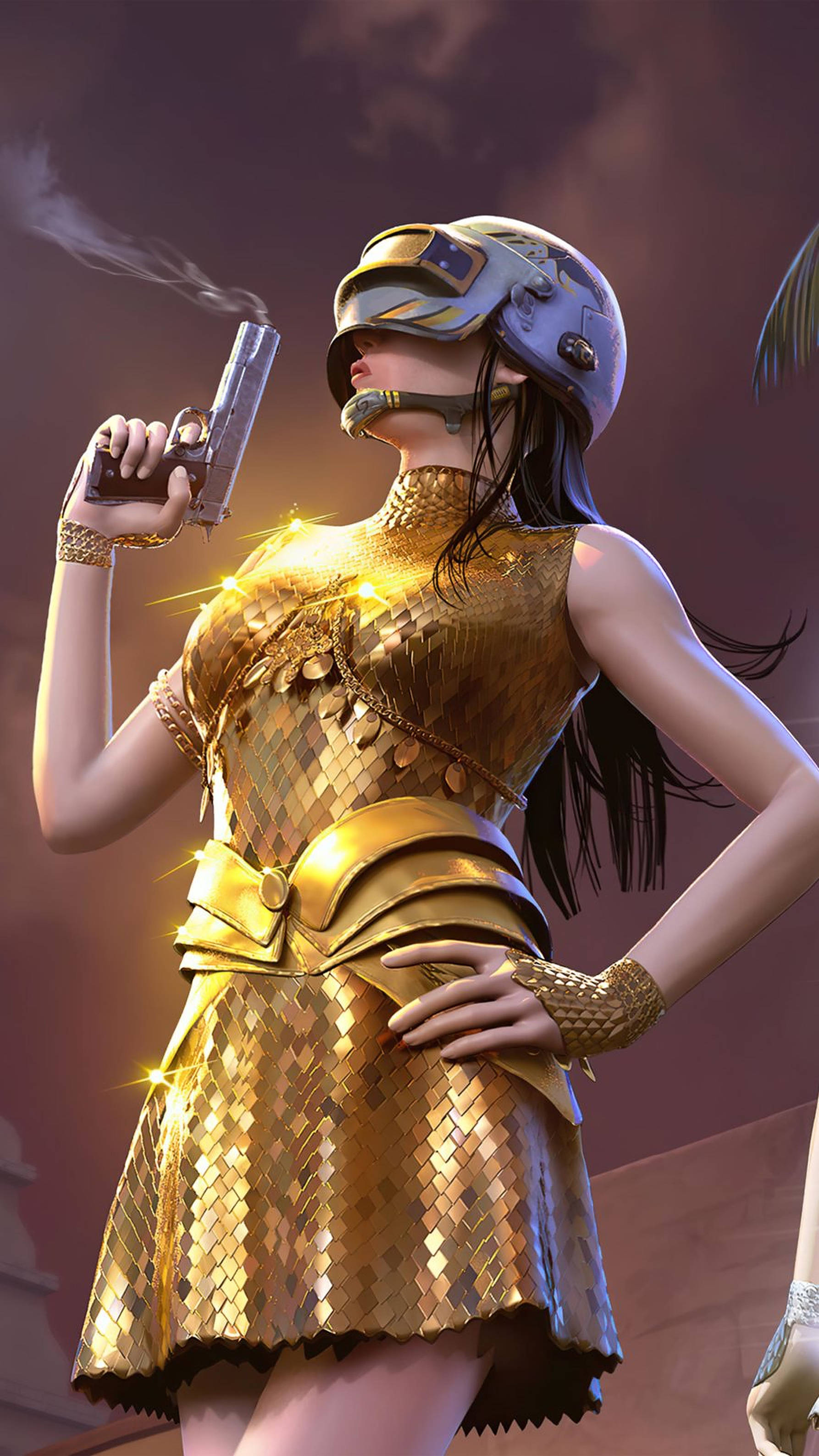 一位身穿金色盔甲和頭盔的女性，在黃昏時分拿著冒煙的手槍。