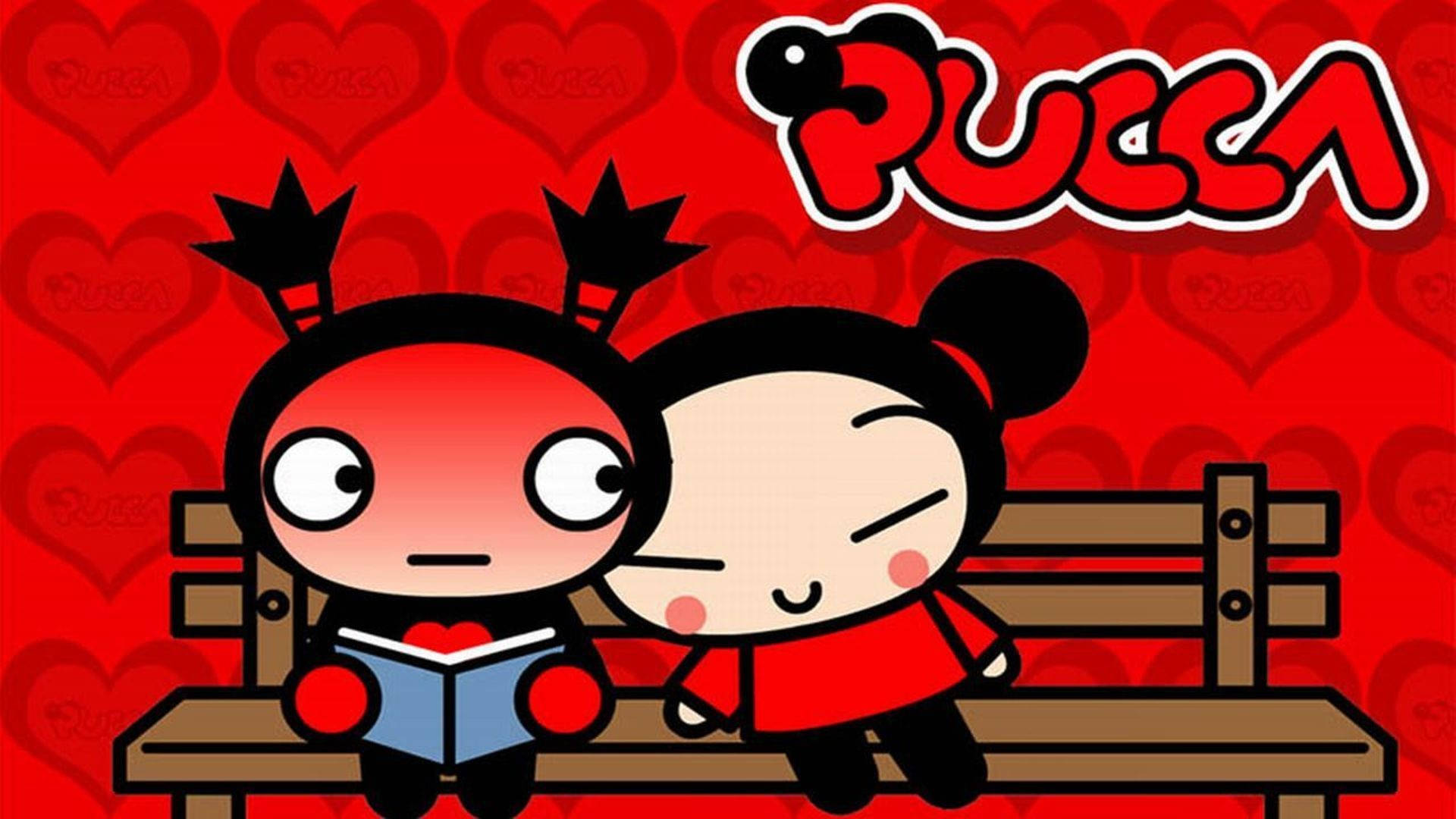 兩個卡通人物在長椅上，背景是紅色心形和字樣 Pucca。