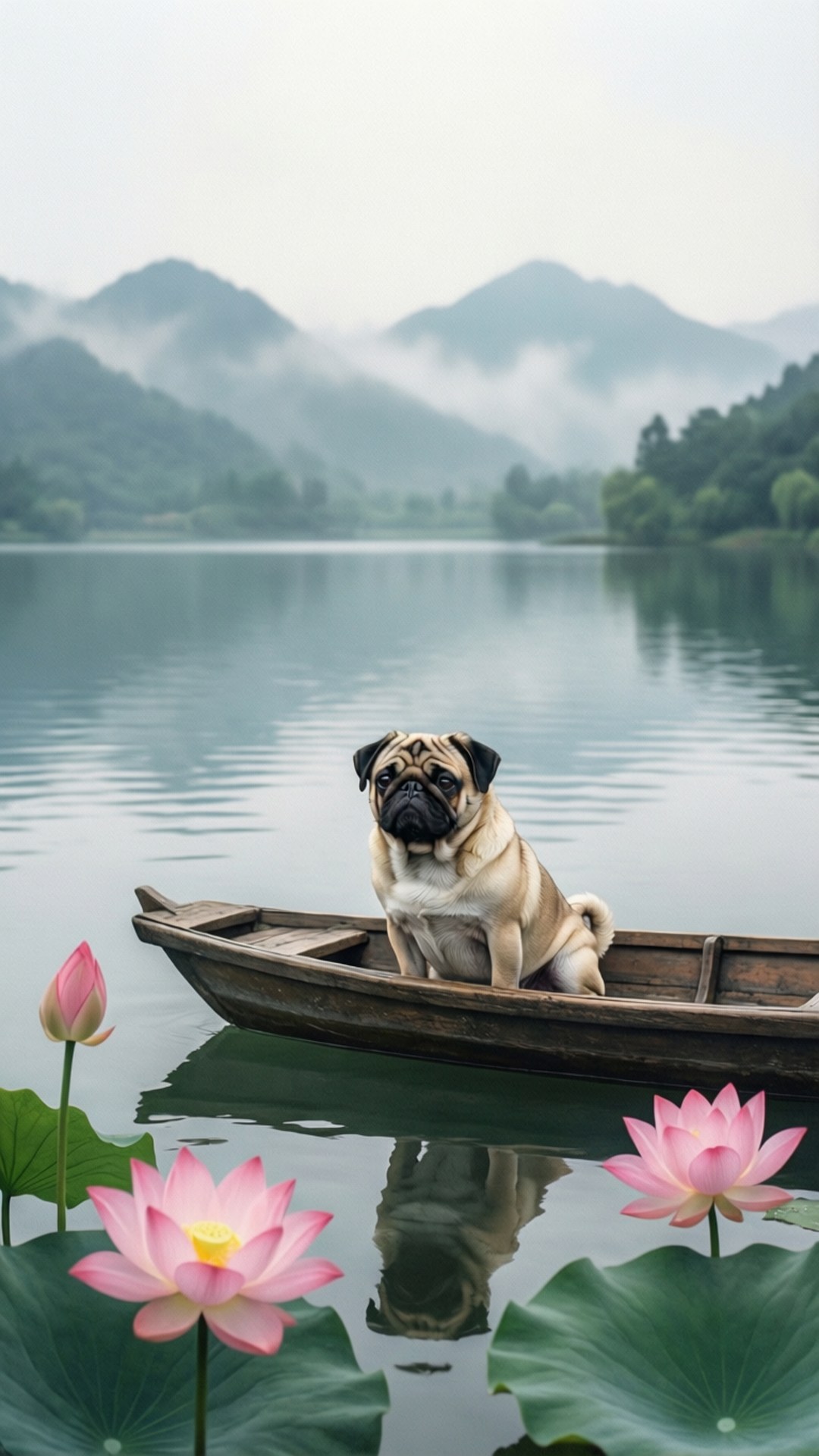 一隻八哥犬坐在木船上，背景是平靜的湖面、粉紅色的蓮花和霧氣繚繞的山脈。