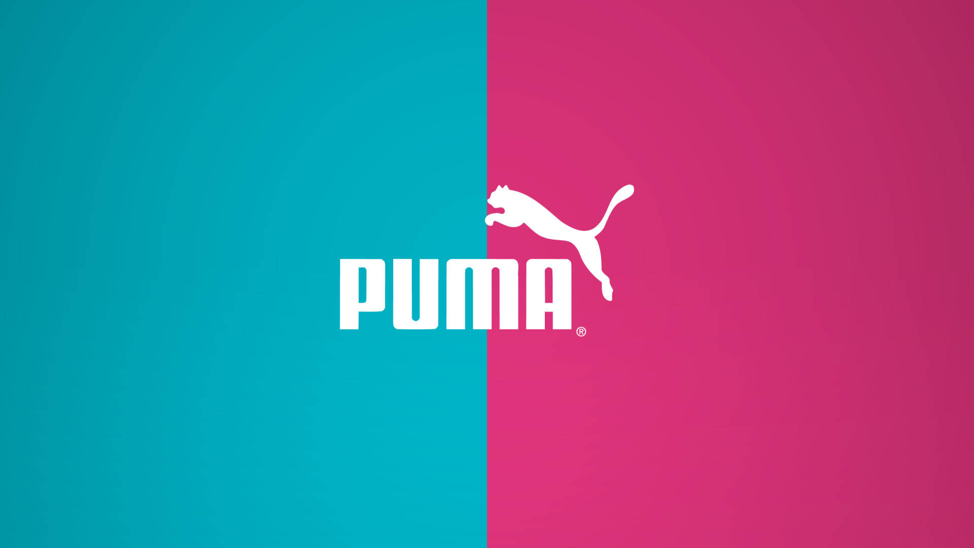 Puma品牌標誌在青綠色和洋紅色分割背景上。