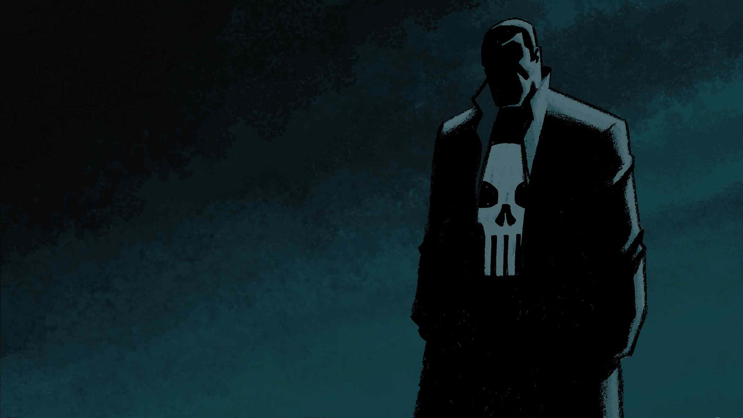 選擇 Punisher 壁紙 — 一個身穿黑色西裝、帶有白色骷髏標誌的陰影人物站在深藍綠色背景前。