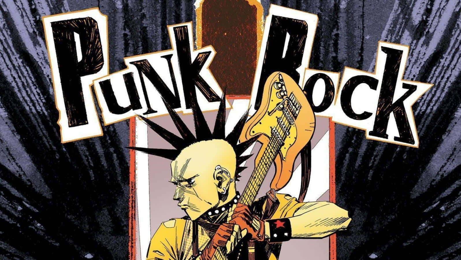 梳莫西干頭的龐克搖滾歌手在「Punk Rock」標誌下彈奏電結他。