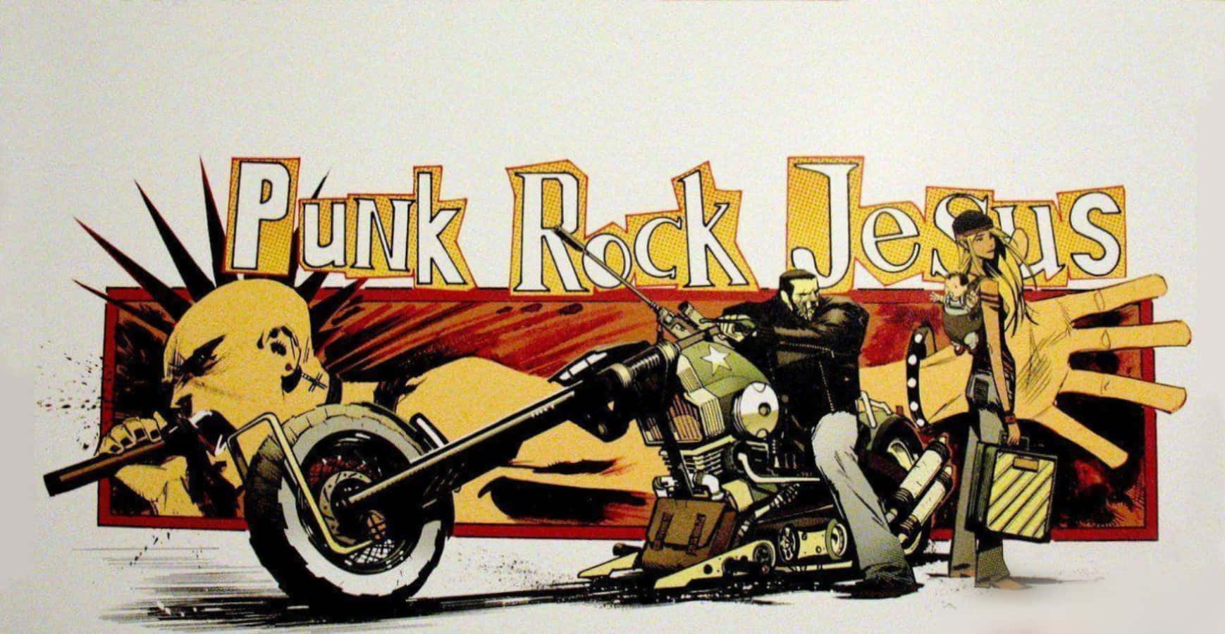 龐克搖滾歌手騎電單車，女子站在旁邊，上方有「Punk Rock Jesus」字樣。