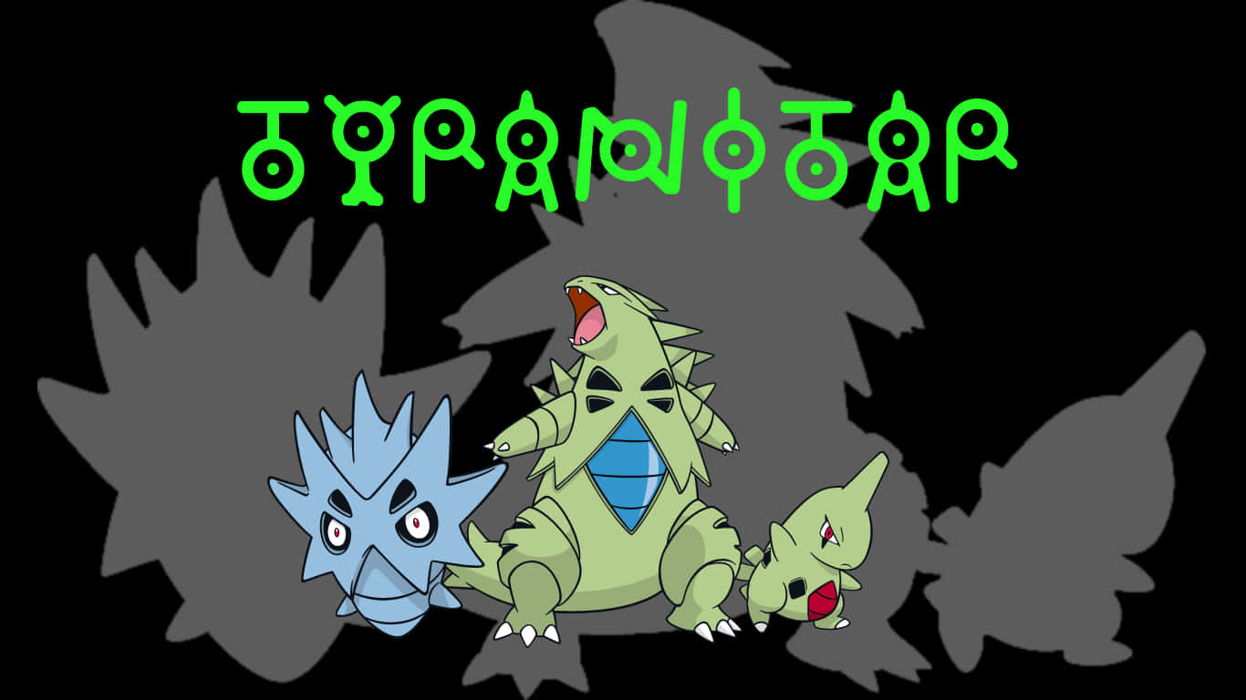 Pupitar 演化——Larvitar 的中間進化形態 壁紙 — 三個寶可夢角色站在黑色背景前，背後有綠色外星文字和灰色陰影輪廓。