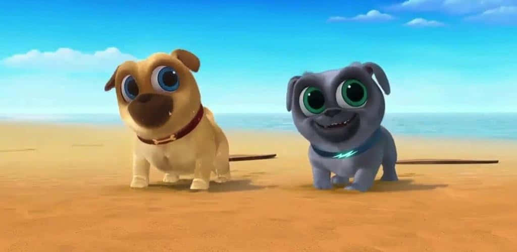 Puppy Dog Pals 兄弟檔 壁紙 — 兩隻卡通小狗，眼睛超大，在陽光明媚的海灘上玩耍，背景是海洋和天空。