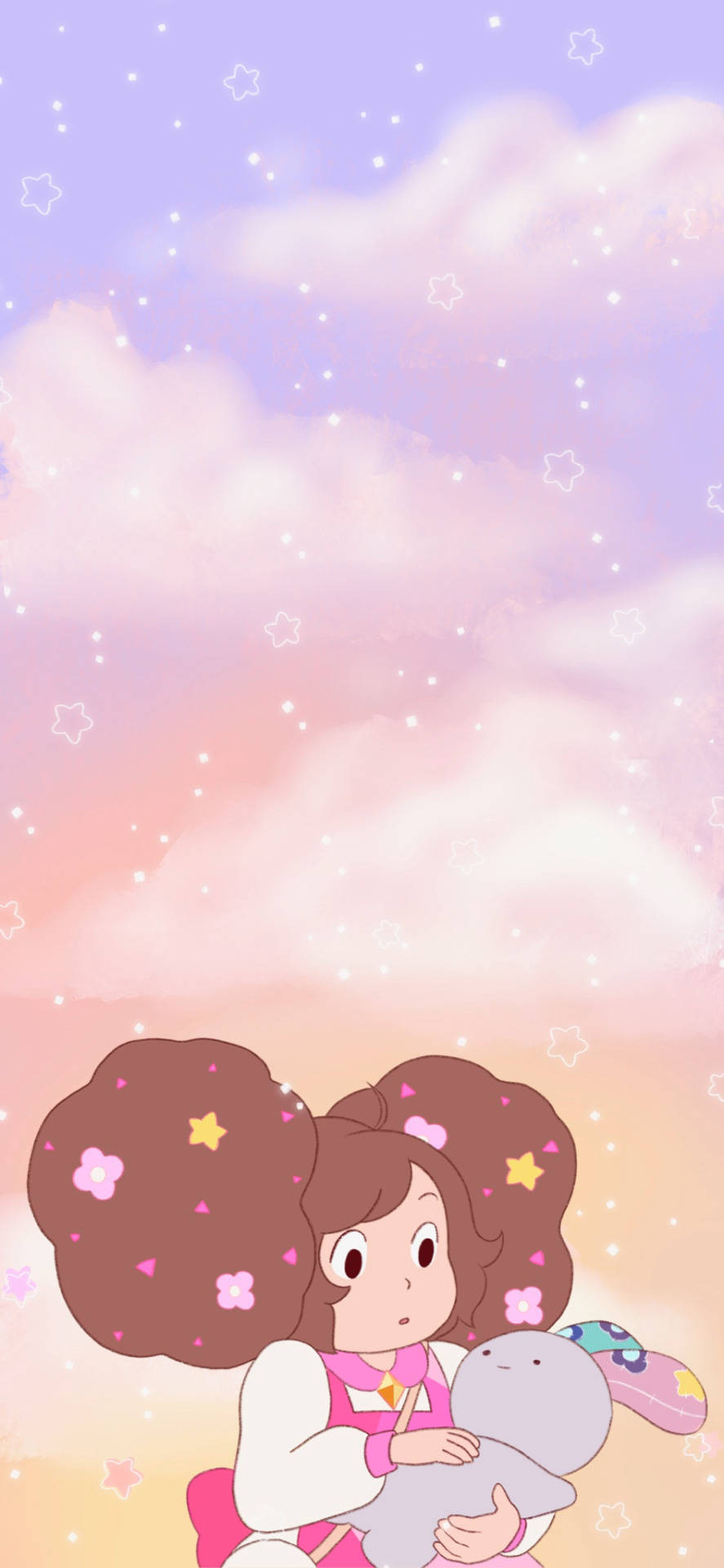 蜜蜂與 PuppyCat 在執行任務 壁紙 — 一個可愛的動漫女孩，紮著花卉雙馬尾，在滿是星星和雲朵的粉彩天空下擁抱一隻毛絨兔子。