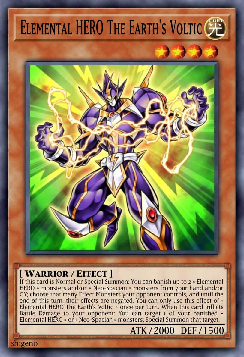 Yugioh Elemental Hero 桌布 壁紙 — 一個紫色裝甲戰士，拳頭周圍閃電噼啪作響，動態地站在耀眼的綠色和黃色爆炸背景前。