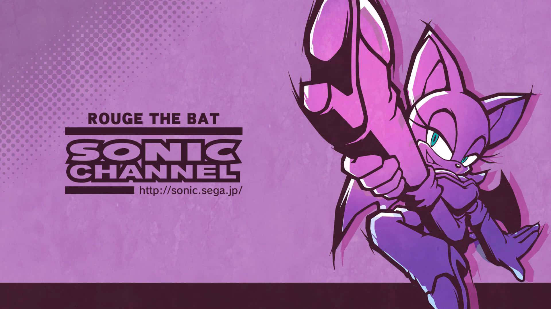  壁紙 — 來自Sonic Channel的紫色蝙蝠角色Rouge在點狀紫色背景上以粗體文字動態擺姿勢。