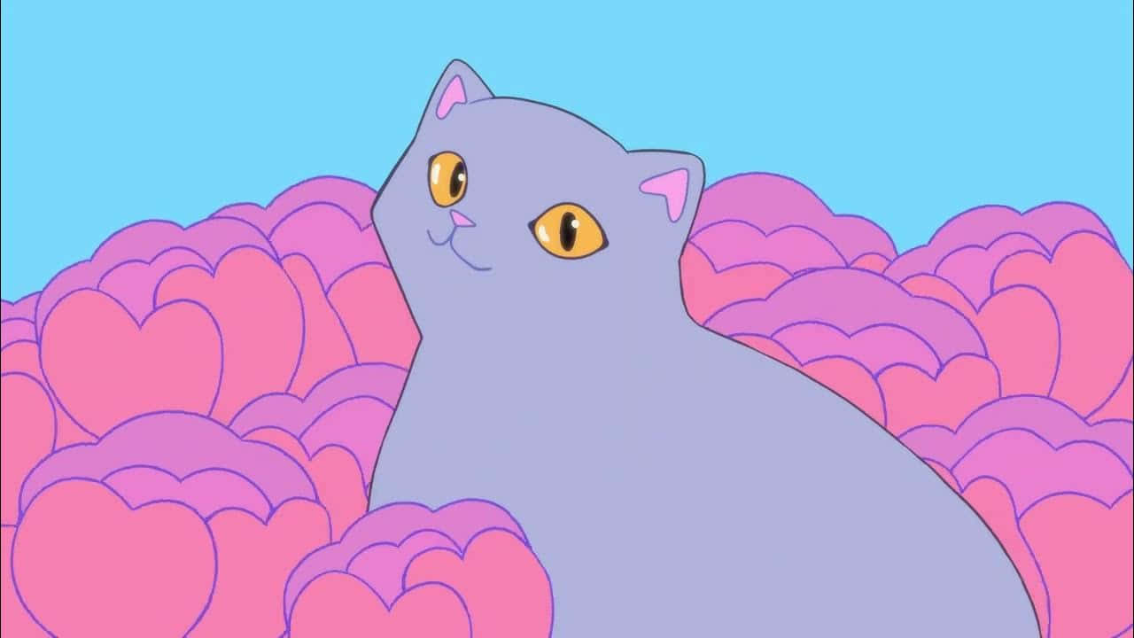  壁紙 — 一隻紫色卡通貓咪，黃色眼睛，平靜地坐在一片粉紅色心形花朵中，背景是清澈的藍天。