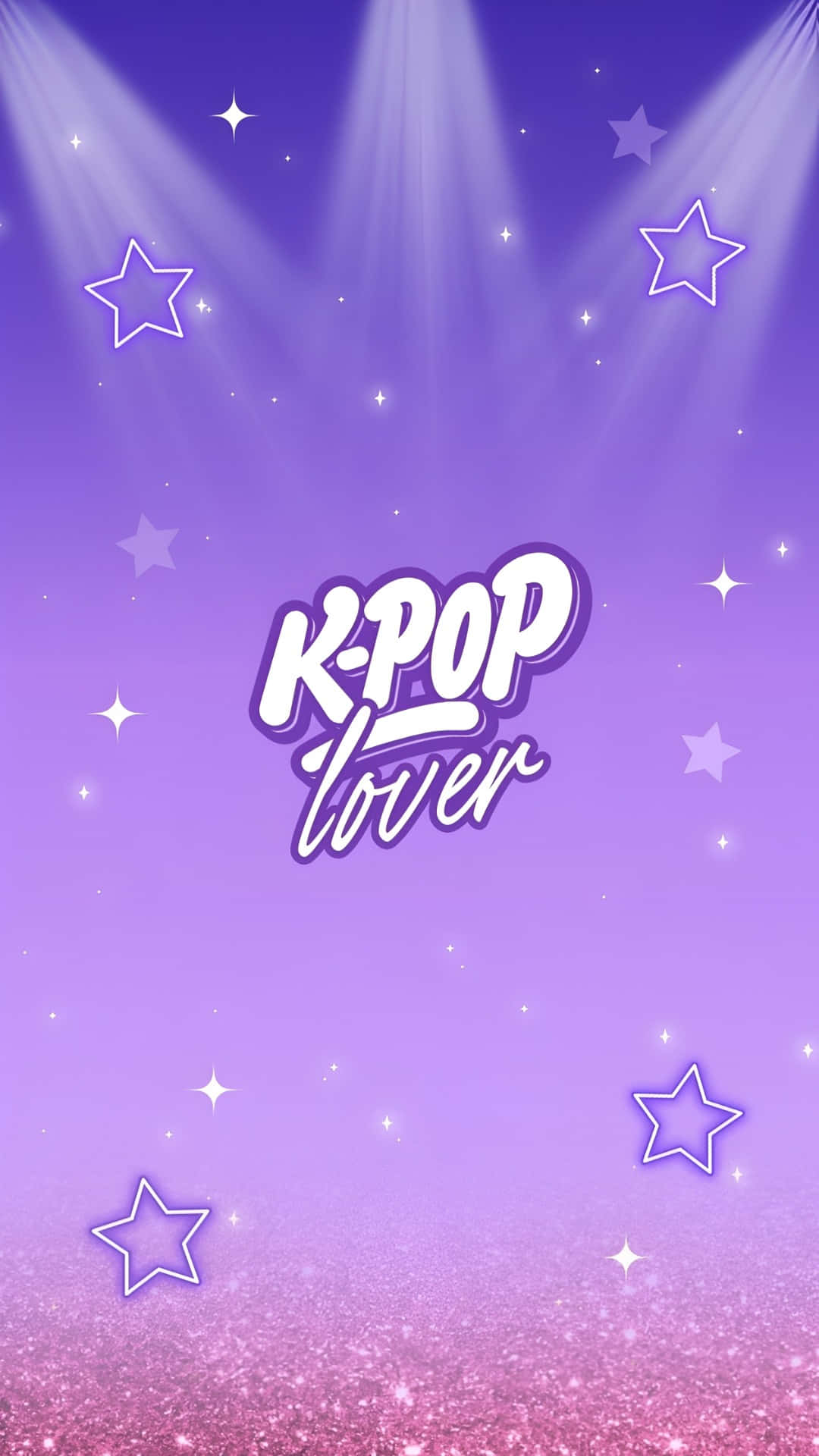  壁紙 — 紫色漸變牆紙，帶有閃爍星星和聚光燈，突出顯示文字 K-POP lover。