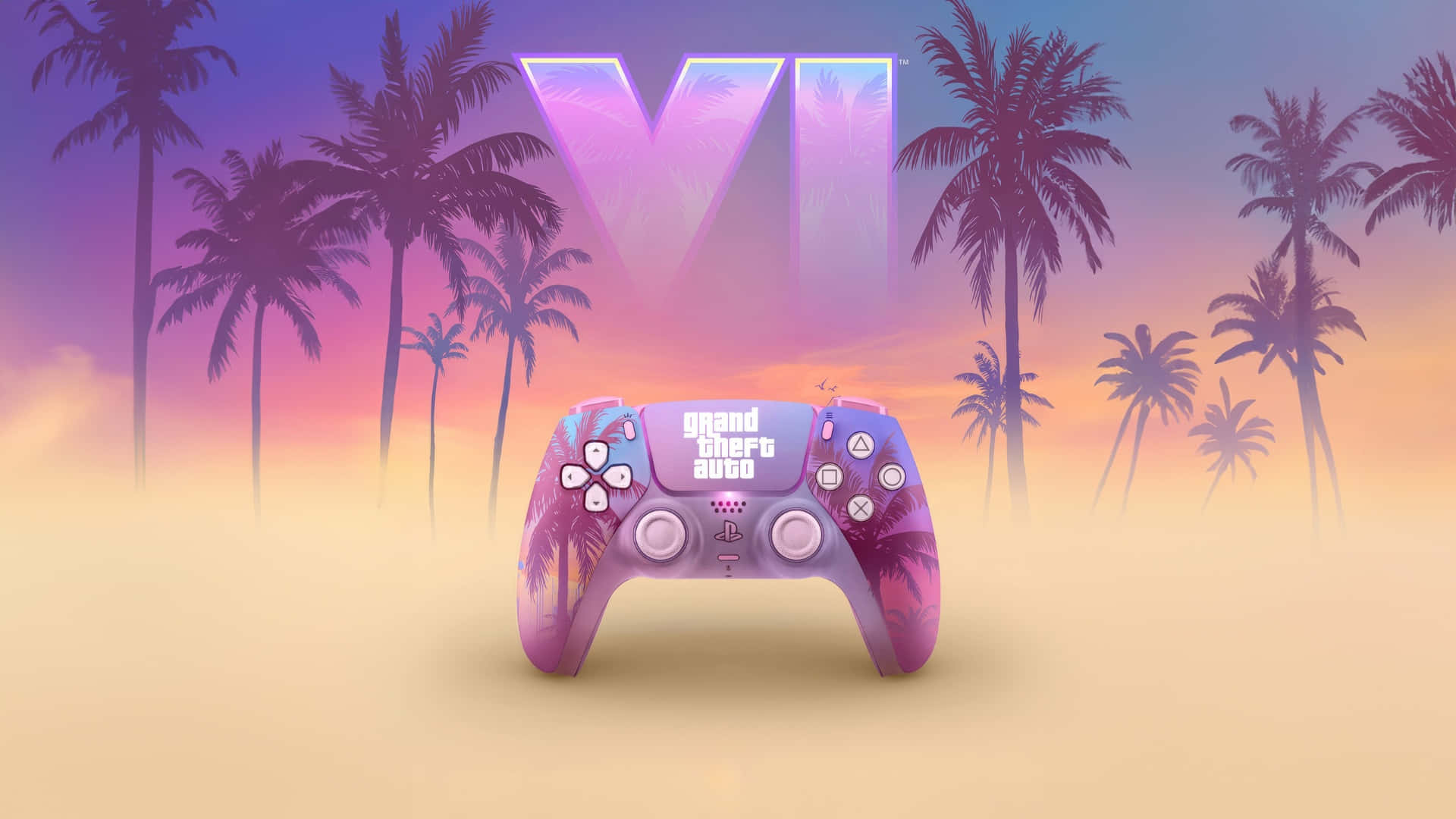  壁紙 — 一個紫色嘅Grand Theft Auto VI手掣放喺沙灘上，有棕櫚樹同發光嘅「VI」，背景係日落天空。
