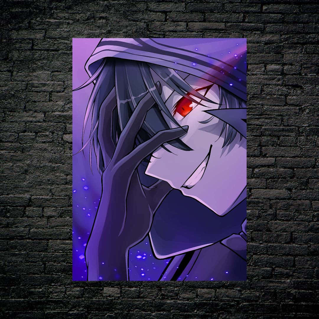 Bakugou Pfp 桌布 壁紙 — 紫色頭髮、發光紅眼的動漫角色，在星空紫色背景前微笑觸碰臉頰。