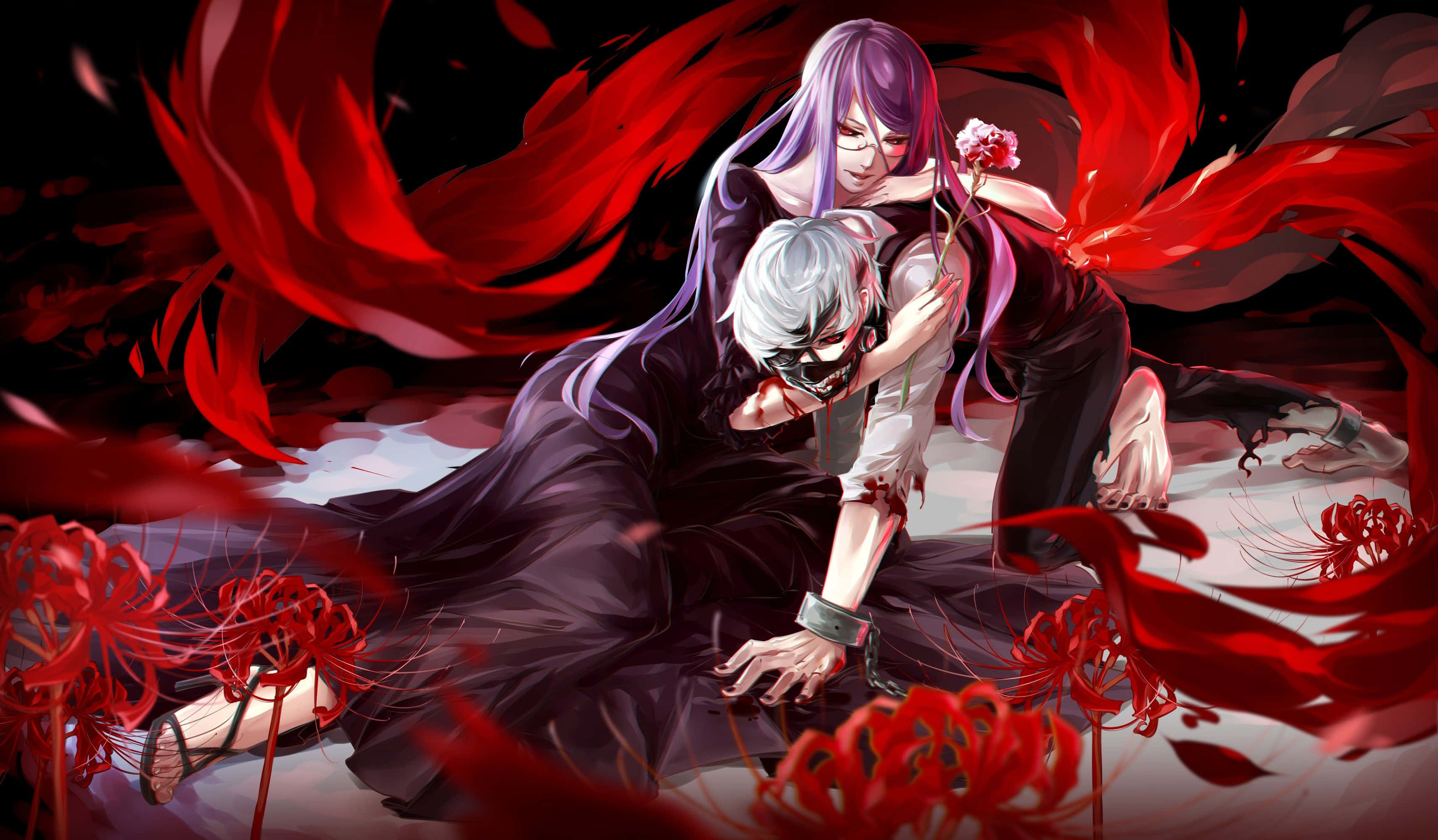 Shuu Tsukiyama 桌布 壁紙 — 一位紫髮動漫女性懷抱著一名戴面具的男子，周圍環繞著旋轉的紅色花瓣和深紅色的彼岸花。