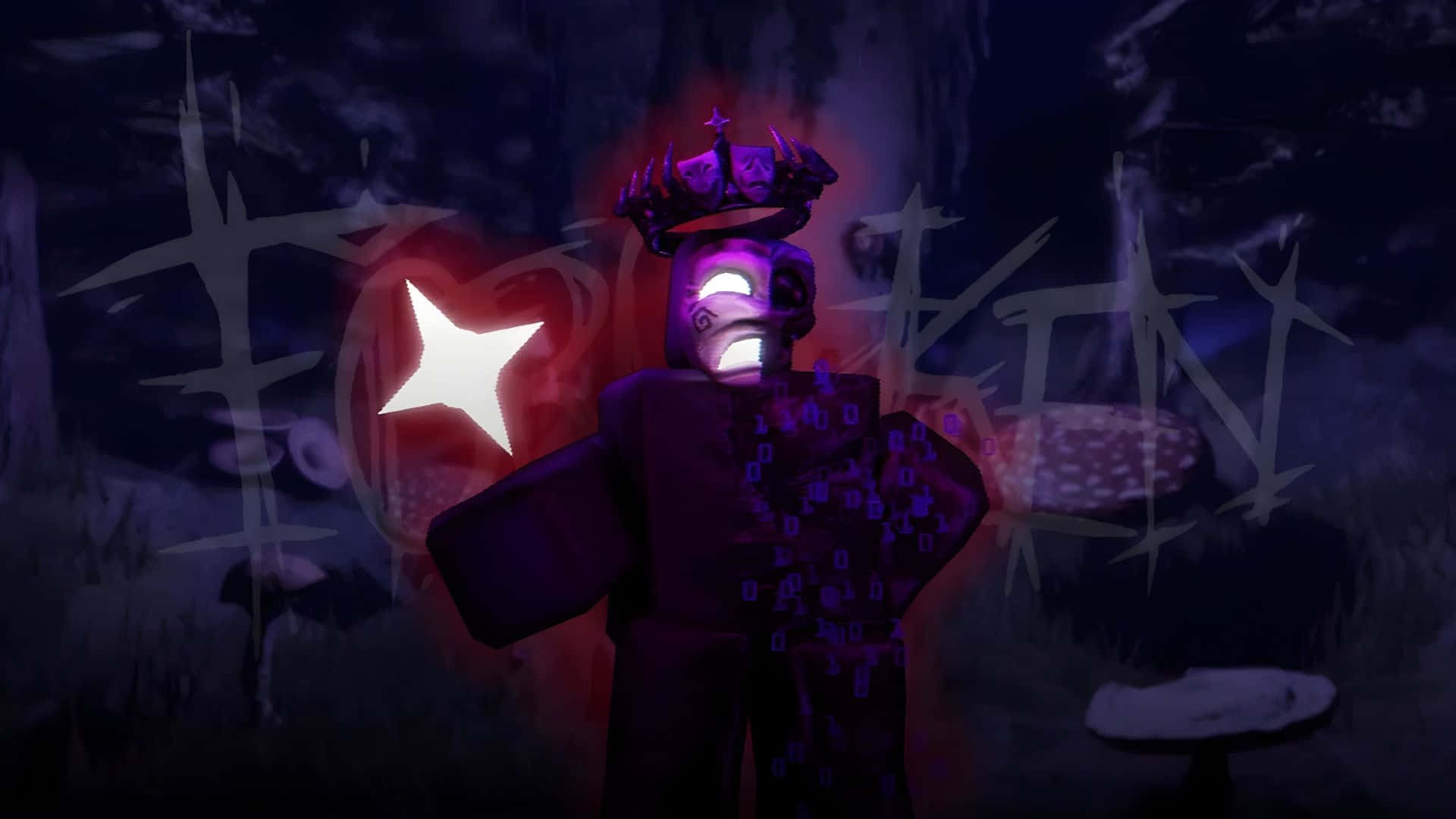  壁紙 — 一個紫色嘅Roblox角色，有發光嘅眼睛同皇冠，企喺一個有發光星星同塗鴉嘅黑暗森林入面。