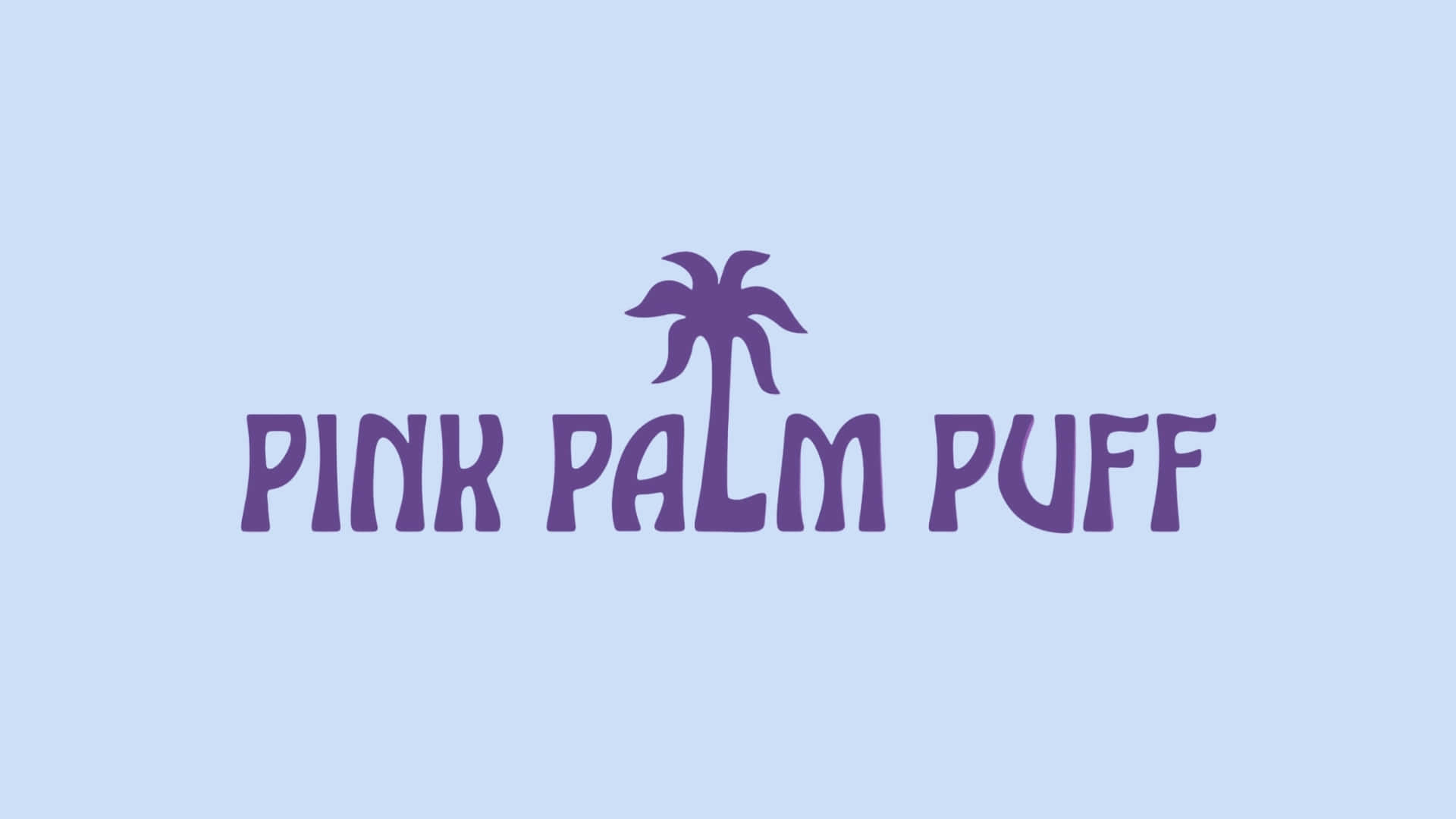  壁紙 — 紫色文字顯示 pink palm puff，中央有一個棕櫚樹圖標，背景為淺藍色。