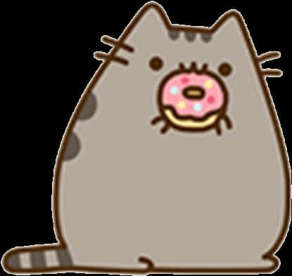 Pusheen 與甜甜圈 壁紙 — 一隻胖胖的卡通貓，嘴裡叼著一個粉紅色糖霜甜甜圈，背景是純白色。