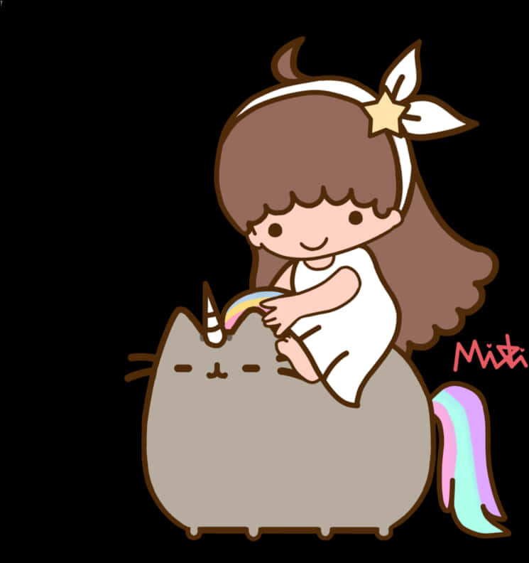 Pusheen 獨角獸女孩插畫 壁紙 — 一個戴著星星頭帶的可愛女孩，正在愛撫一隻擁有彩虹角和尾巴的胖灰貓。